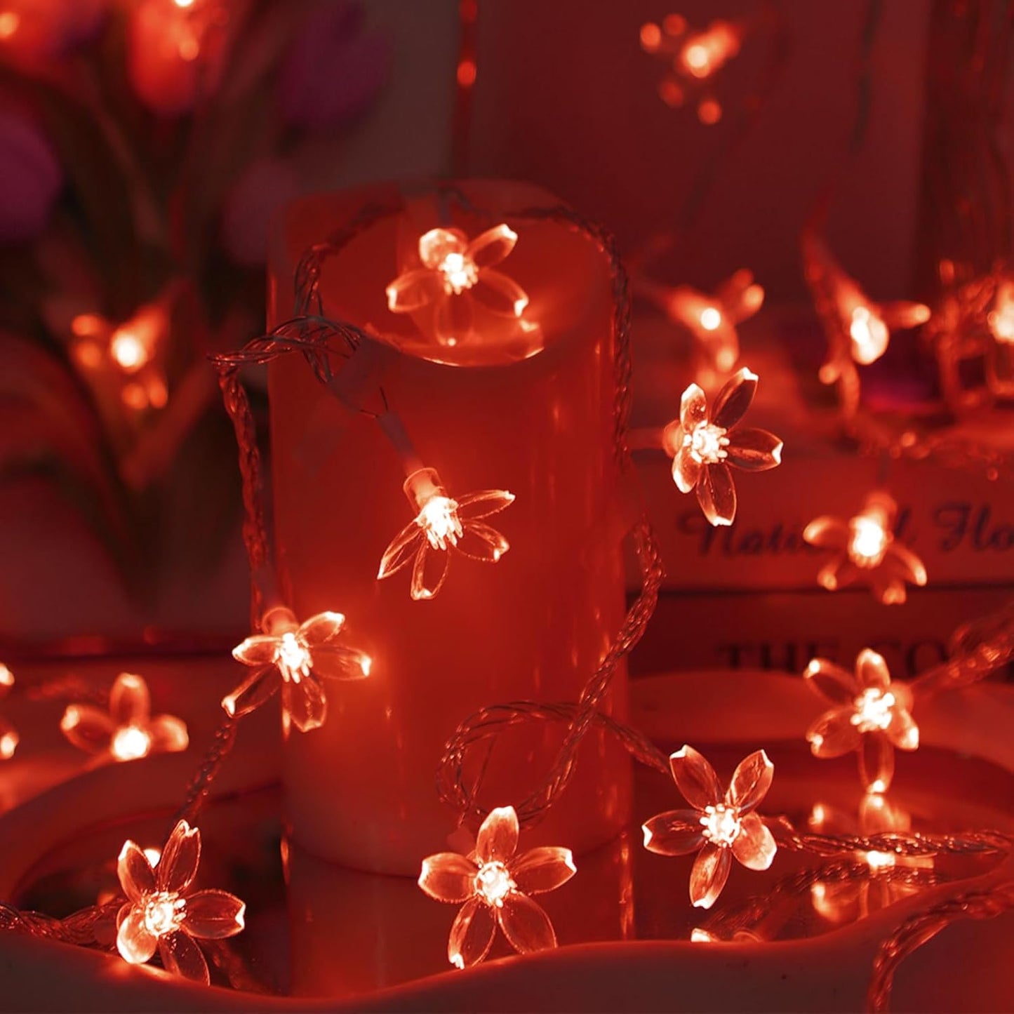 Battery Lighted & USB Plug in Fairy Flower String Lights, 10ft 30 LED Cute Cherry Blossom Lights with Timer Indoor Bedroom Party Wedding Christmas Easter Tree Branch Hanging Decorations (Red)