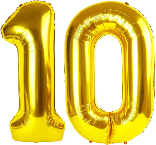 Gold 40 Inch 10 Number Balloons, 10 Decorations for 10 100 Birthday, Foil Giant Birthday Graduations Anniversary Party Balloon
