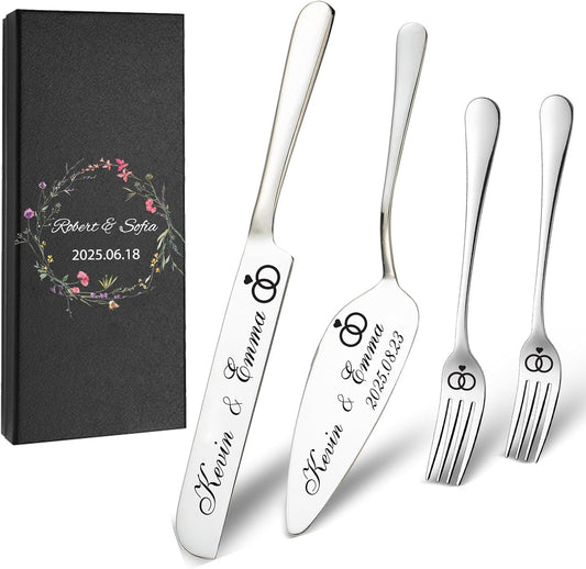 Personalized Wedding Cake Knife and Server Set, Custom Gold/Silver Cake Cutting Set for Wedding, 4 Pieces Set with Forks for Engagements, Anniversaries, Bride and Groom (Silver)