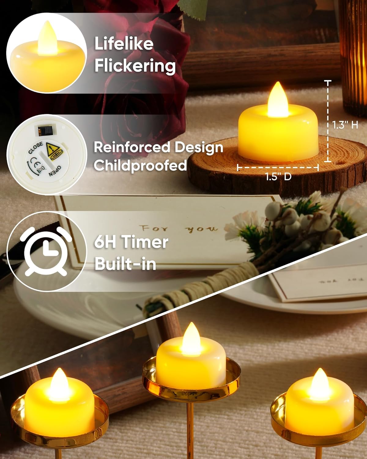 Amagic 24 Pack Timer Tea Lights Candles Battery Operated Candles with 6H Timer, Auto On Daily, Flickering LED TeaLights for Wedding, Table Centerpiece, Home Decor, Christmas, Halloween, Ivory Base