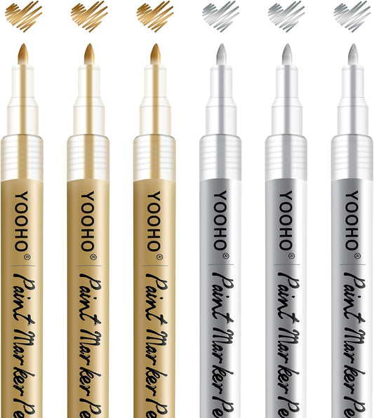 Paint Pen Gold Silver Metallic Permanent Acrylic Markers Set for Fabric Glass Rock Wooden Ceramic Leather Tire Painting, 0.7mm Extra Fine Tip (3pcs Gold+3pcs Silver)