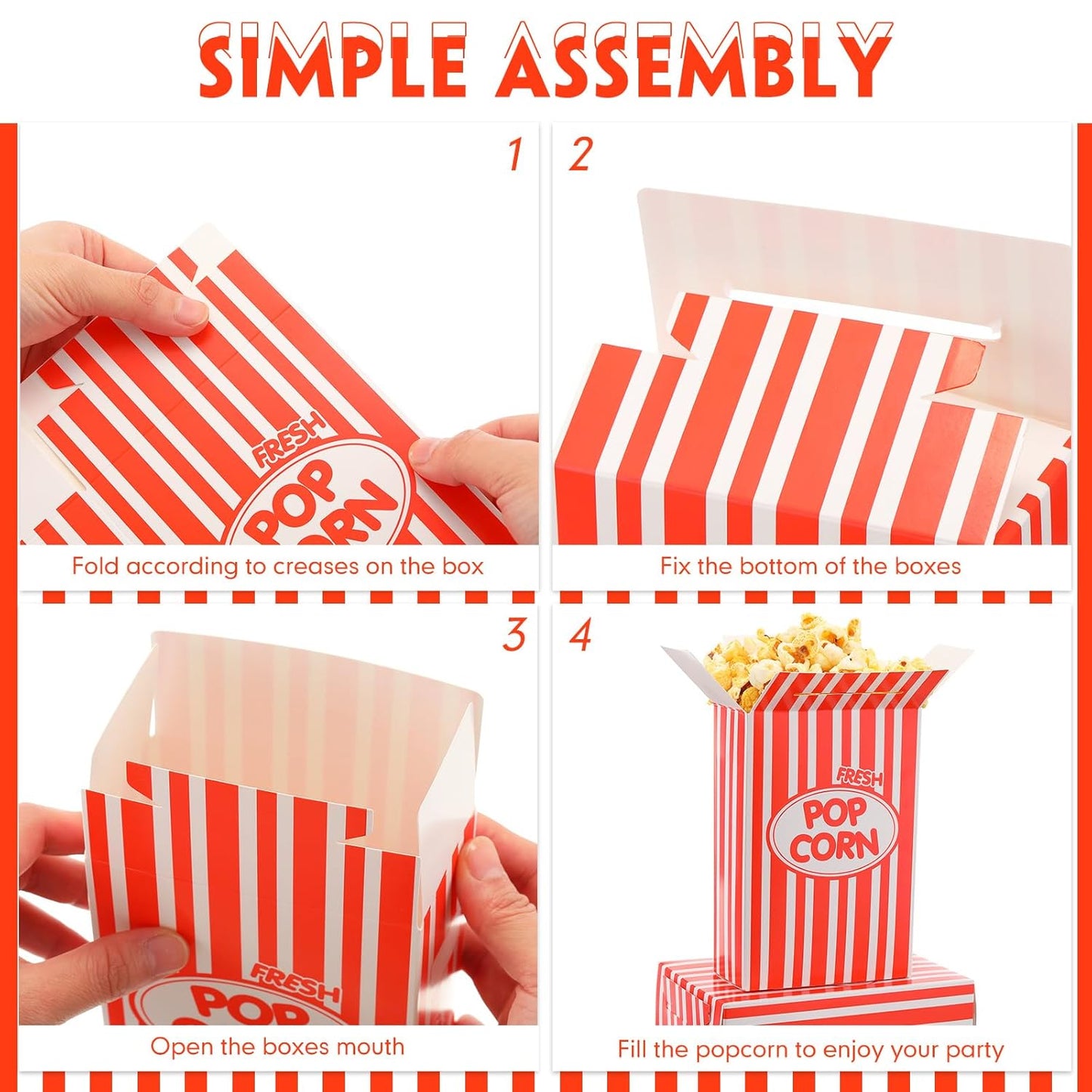 Xinnun 300 Pcs Paper Popcorn Boxes 1 oz Close Top Oil Proof Disposable Popcorn Container 6 x 4 x 2 Inch Stripes Leak Proof Popcorn Boxes for Party Movie Party Theater Night Birthday (Red)