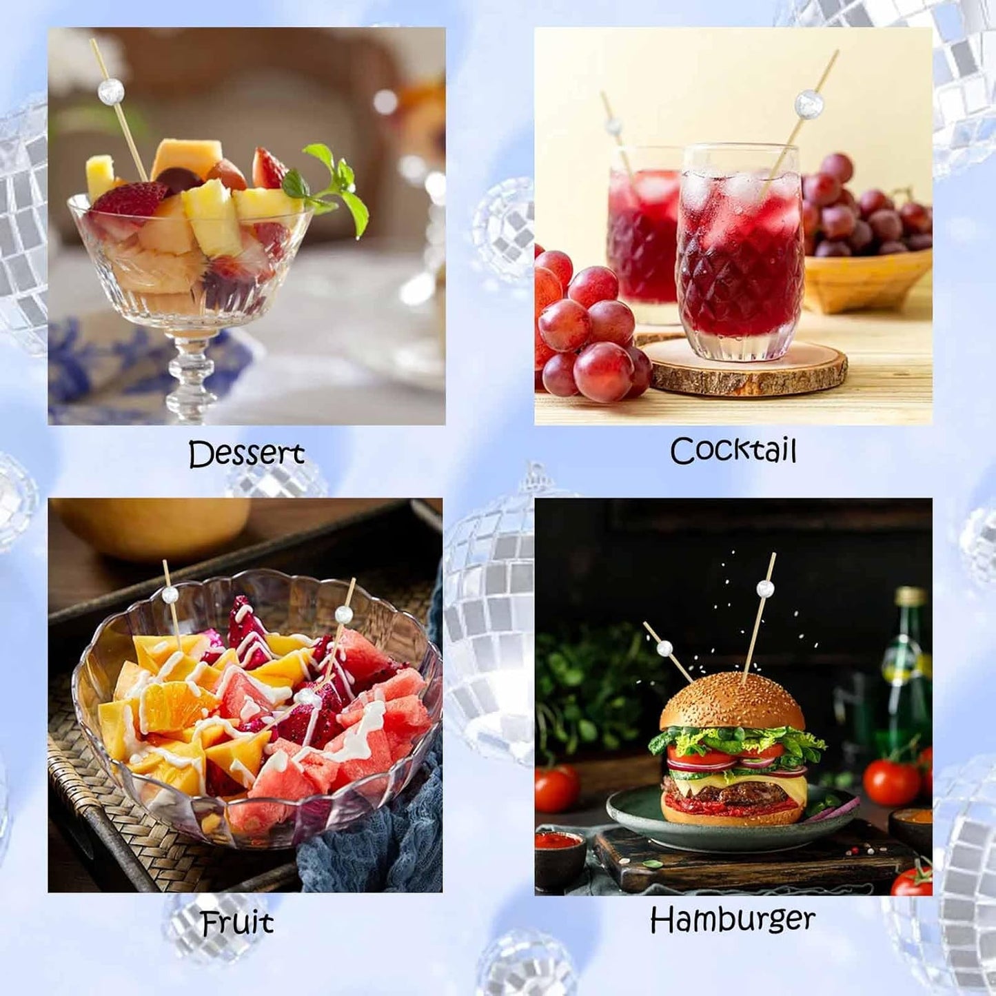 120 Pcs Glitter Ball Cocktail Picks 4.7" Drinks Fruits Hawaiian Party Food Garnish Skewer Sticks Halloween Decorations Supplies Cowboy Handmade Bamboo Toothpicks