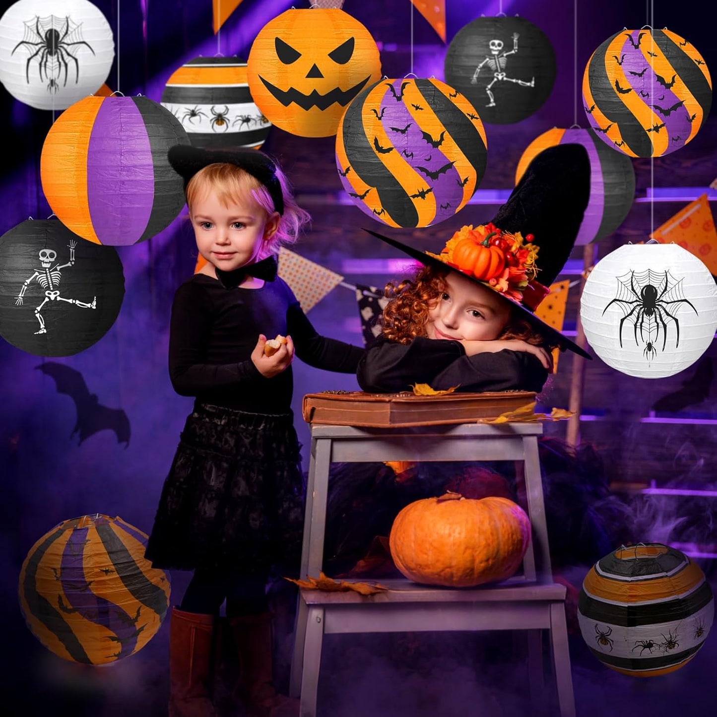 ADLKGG Halloween Party Decorations, Black Orange Purple Hanging Spider Bat Pumpkin Skeleton Paper Lantern for Halloween Birthday Decorations, Trick-or-Treating Events, Wedding,Garden Home Decor, 12pcs