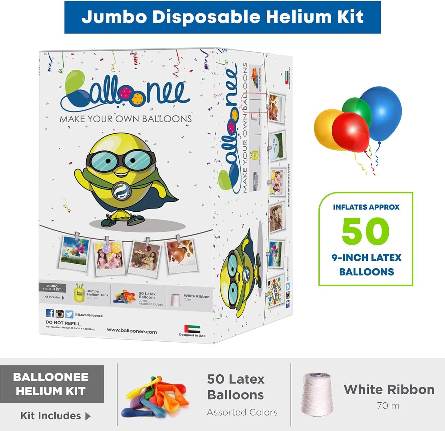 Jumbo Disposable Helium Party Kit - Pack of 2, Helium Tank for Balloons At Home, 13.5 Cu Ft Helium Balloon Pump Kit with 100 Assorted Latex Balloons, Portable for Celebrations