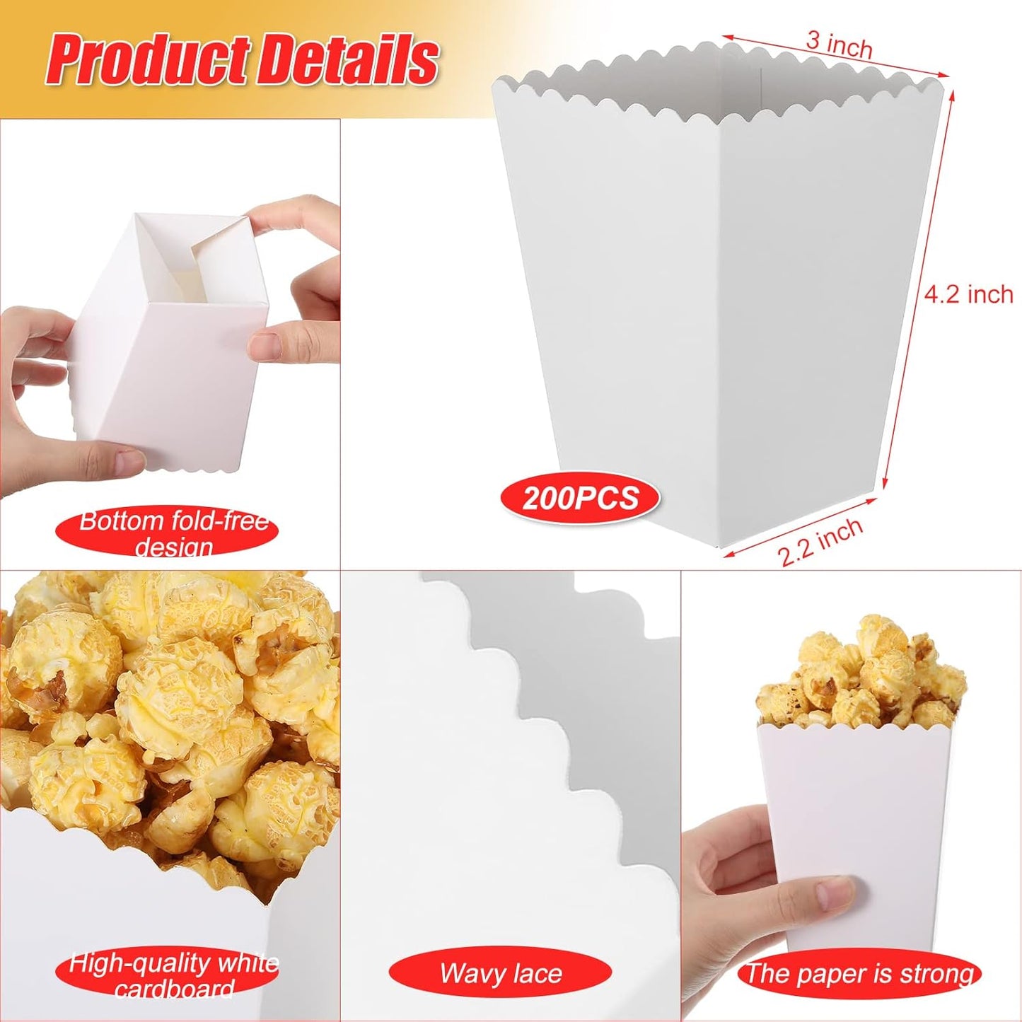200 Pcs Popcorn Boxes Mini Paper Popcorn Box Cardboard Popcorn Container for Party Disposable Snack Candy Popcorn Bags Popcorn Holder for Birthday Wedding Decoration, 2.2 x 4.2 x 3 Inches (White)