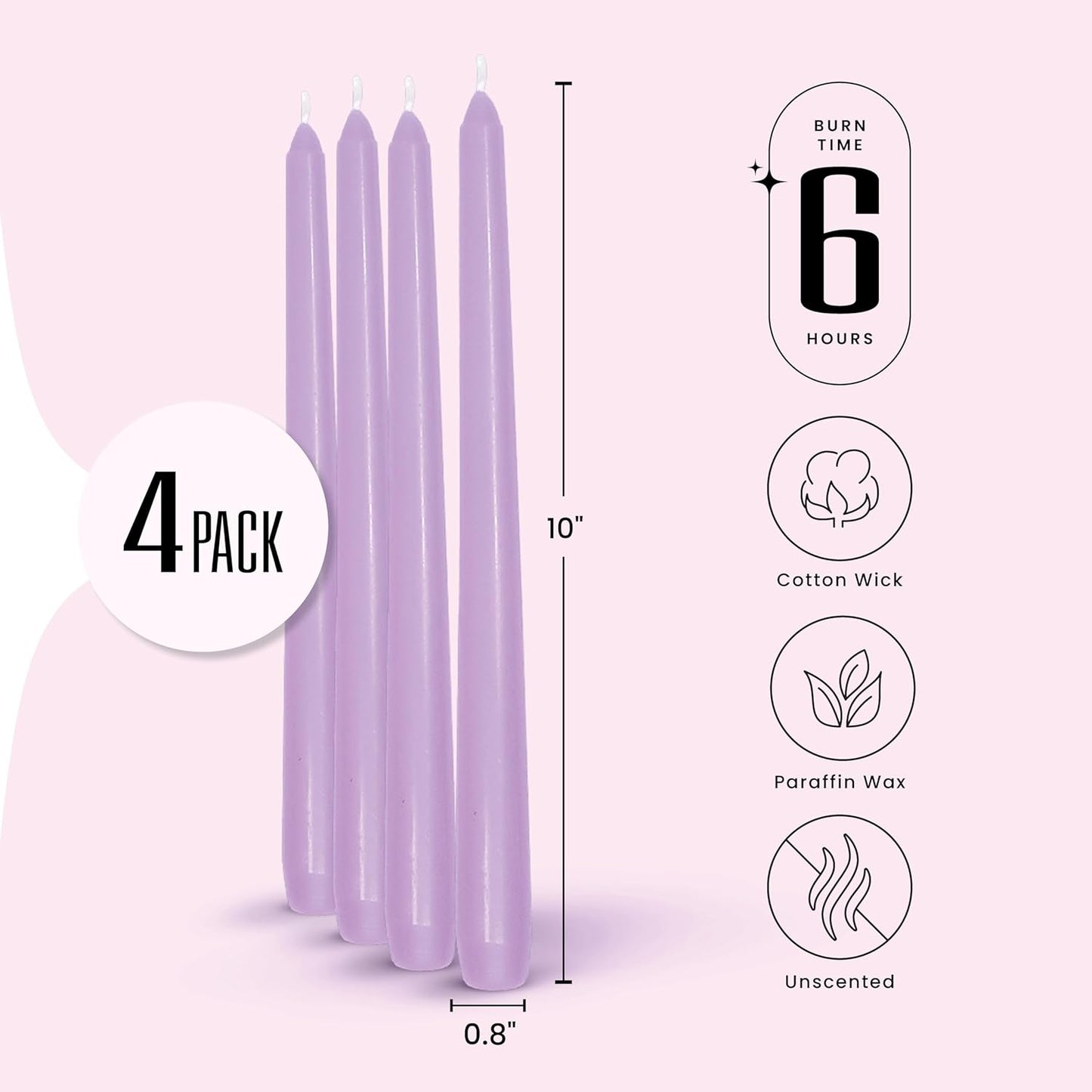 Leor & Lair Light Purple Candlesticks - 4 Pack 10" Long Candles - Unscented Long Burning Purple Candles for Easter, Bridal Showers, Spring Weddings, Restaurants & Events