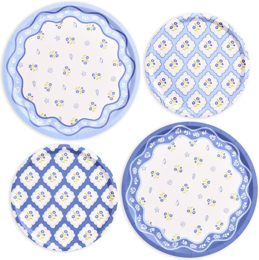 xo, Fetti Blue Coastal Paper Plates | 32 pcs, 2 sizes | Nautical Bachelorette Decorations, Seaside Dinner Party Setting, Beach Birthday Decor, Floral Tablescape