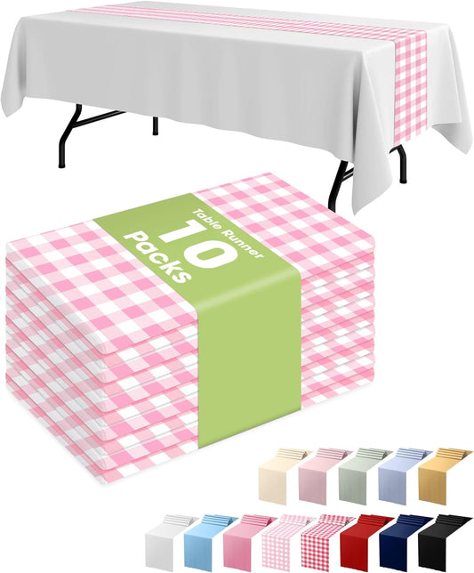 Pureegg Gingham Plastic Table Runners - 10 Pack, 14'' x 108'', Water Resistant & Disposable Plaid Centerpiece Decorations for Table Cloth, Birthday, Holiday, Party, Pink and White Checkered Home Decor