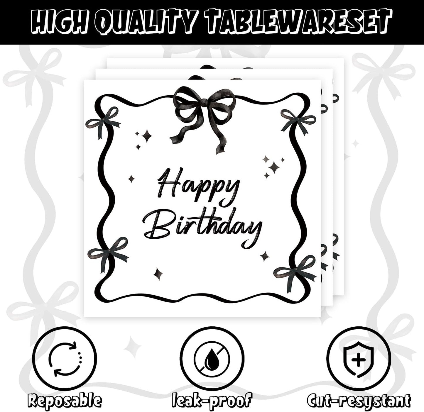 40pcs Black Bow Birthday Decorations Sophisticated Coquette Birthday Supplies,Black Bow Plates and Napkins,Suitable for 20 Guests