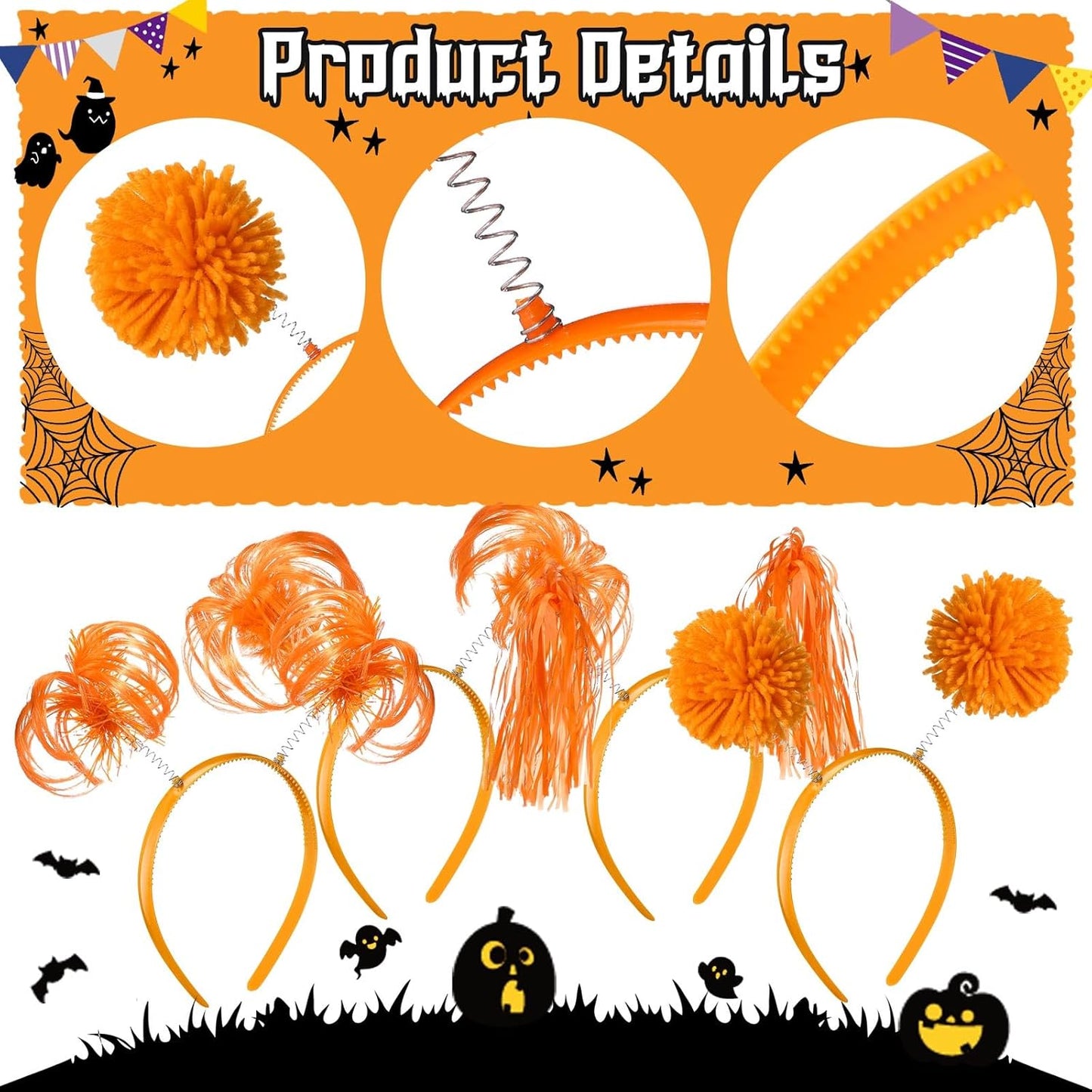 Censen 12 Pcs Halloween Pom Pom Party Headbands Tinsel Ponytails Spirit Head Bopper Headwear for Christmas Birthday Holiday