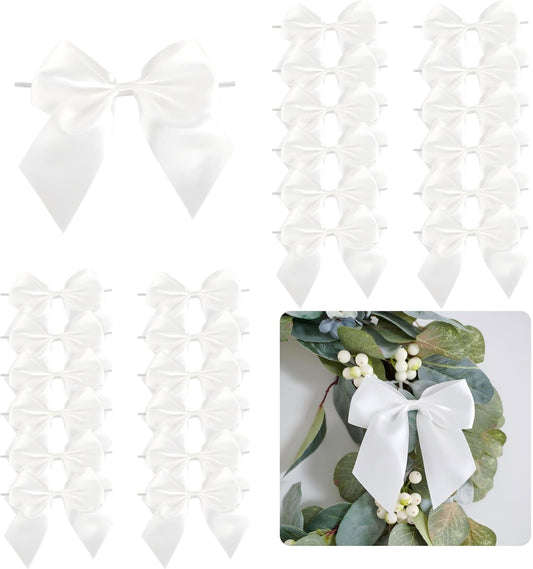 5'' White Bow Party Decorations Satin Bows, Twist Tie Bows for Treat Bags, Cake Pops, Pre-Tied Bow Premade Ribbon Bows for Crafts, Holiday Bows for Gift Wrapping, Wedding Decor-24 Counts