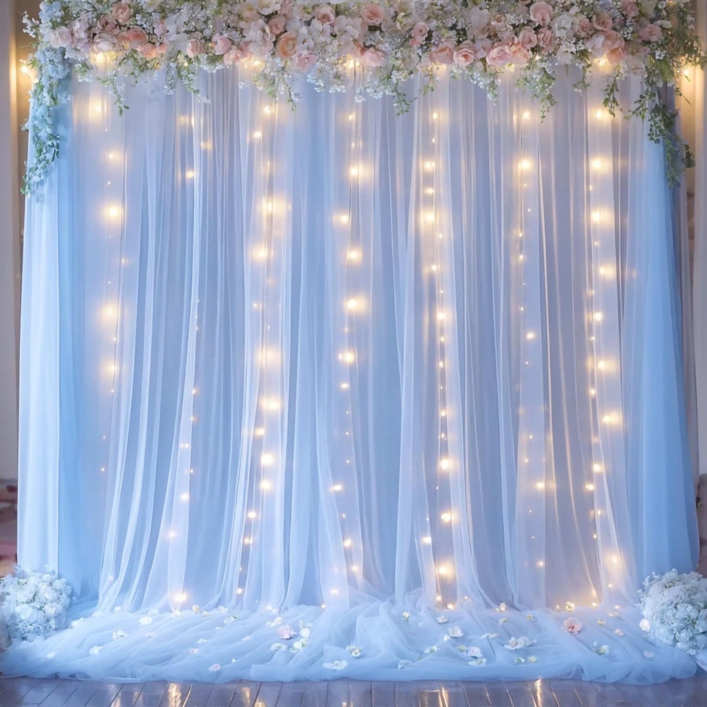 Blue Tulle Backdrop Curtains with Lights String for Parites Baby Shower 30×10ft Blue Sheer Backdrop Curtains Drapes for Bridal Shower Birthday Party Photo Shoot Background Decorations(6 Panels 5×10ft)
