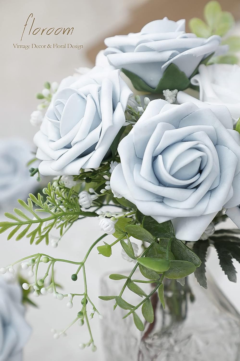 Floroom Artificial Flowers 25pcs Real Looking Powder Blue Foam Fake Roses with Stems for DIY Wedding Bouquets Bridal Shower Centerpieces Floral Arrangements Party Tables Home Decorations