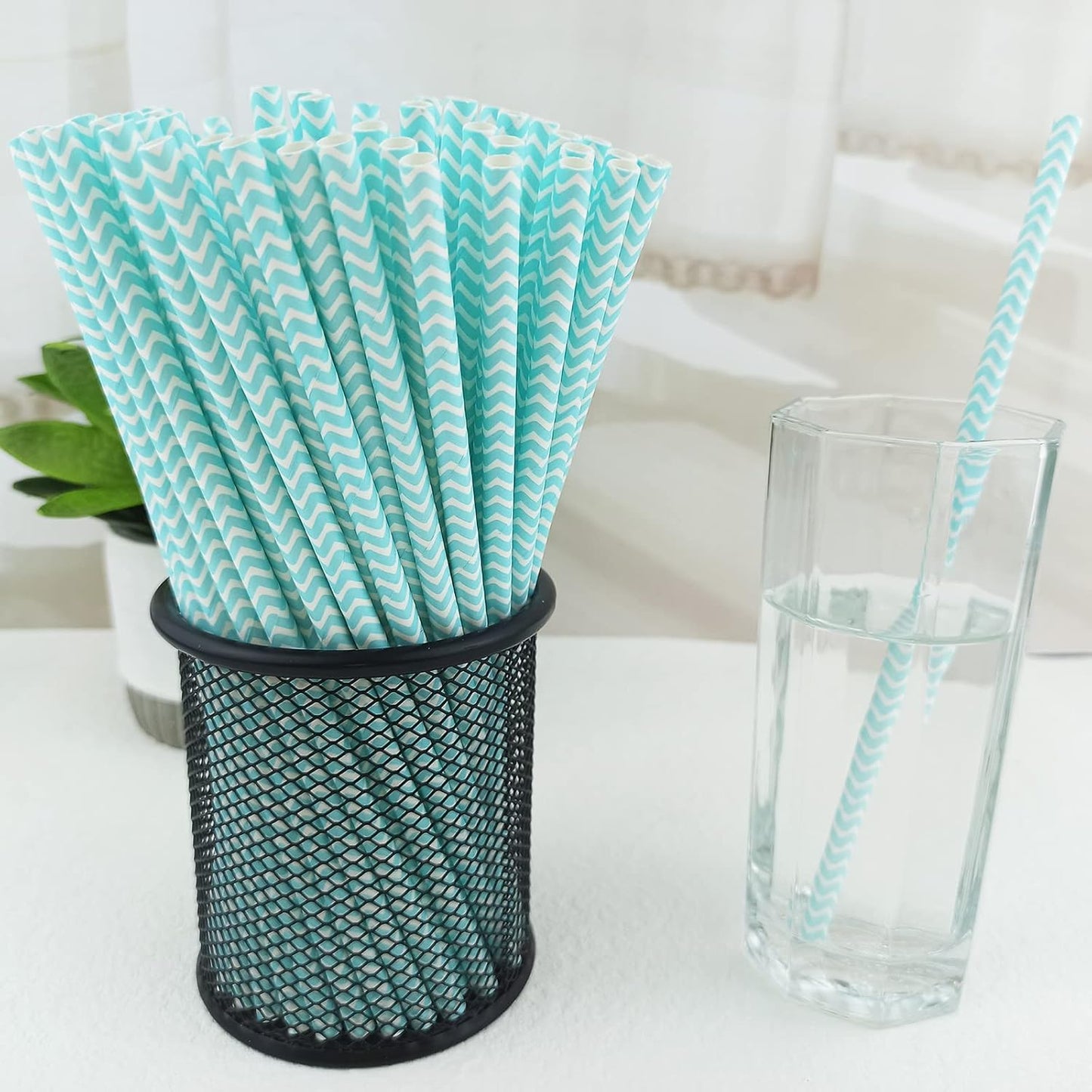 YAOSHENG Premium Disposable Waves Striped Drinking Paper Straws, Pack 100 Light Blue Waves Paper Straws for Cocktail Party Supplies,Birthday,Bridal/Baby Shower,Juice,Shakes (Light Blue Waves)