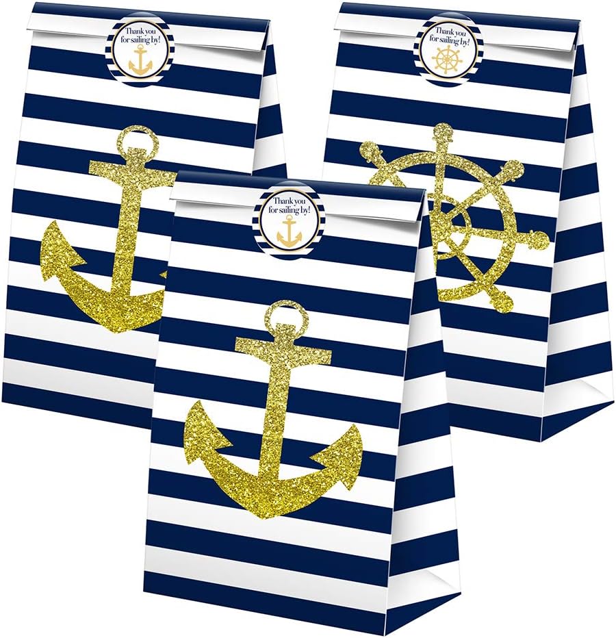 SamPartyShop Nautical Goodie Bags - 24 Pcs Nautical Party Favors Candy Bags with Stickers, Nautical Goody Gift Treat Bags Nautical Themed Birthday Party Supplies
