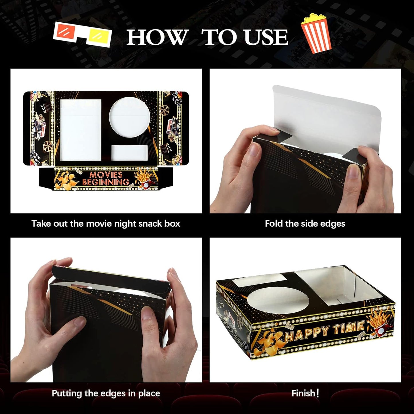 Faccito 36 Pcs Movie Night Snack Trays Movie Theater Snack Boxes Night Supply Disposable Paper Holder Tray for Popcorn Food Candy Drink Party 8 x 6 Inch(Black Gold,Cute Style)