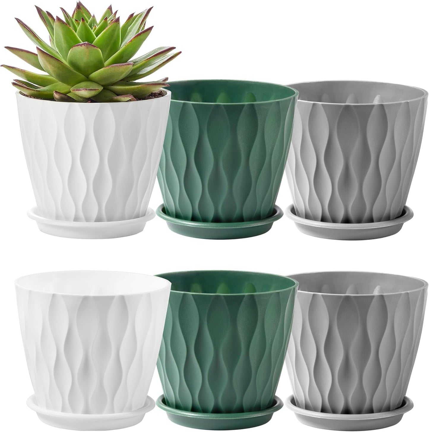 FaithLand 6-Pack 6-Inch Plastic Plant Pots with Saucers | Thickened PP Material, Modern Wave Texture, Enhanced Drainage for Indoor/Outdoor Garden Plants | Tricolor Value Set