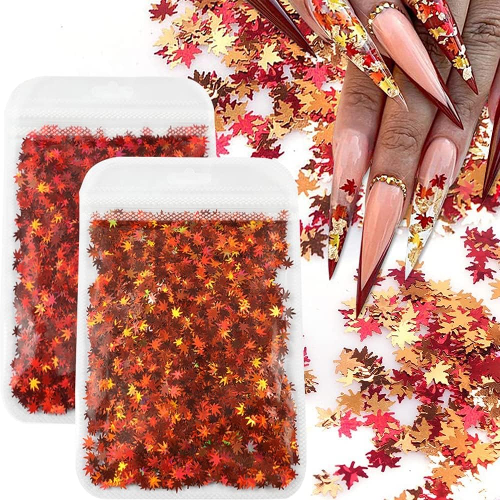 Maple Leaf Shape Glitter Fall Nail Art Sequins,3D Metallic Red God Orange Yellow Mixed Design Confetti Maple Spangles for Women DIY Manicure Kit Decorations Salon Accessories 2 Bags