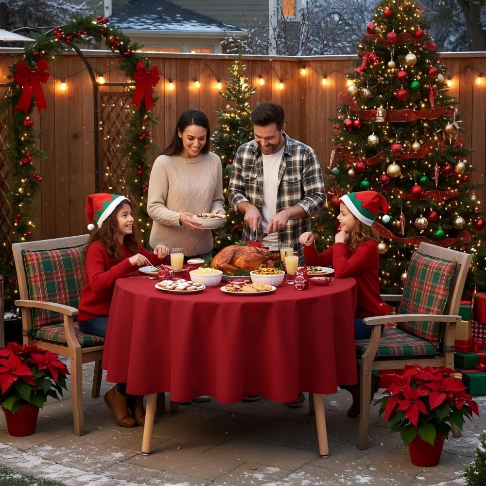 sancua Round Tablecloth - 60 Inch - Water Resistant Spill Proof Washable Polyester Table Cloth Decorative Fabric Table Cover for Dining Tables and Buffet Parties, Christmas Red