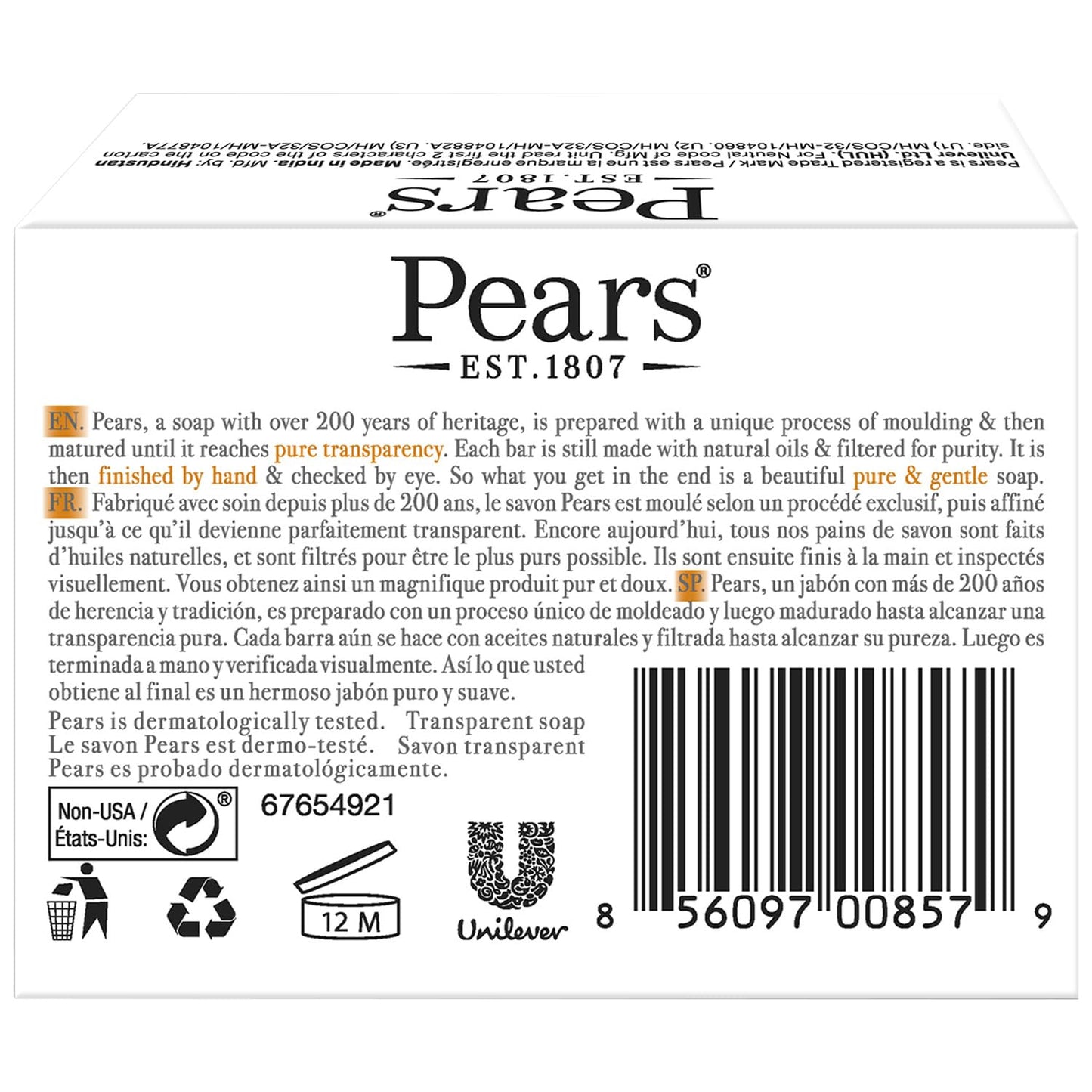 Pears Glycerin Soap, Transparent Amber with Natural Oils, 12-Pack – Pure & Gentle Cleanser for Soft, Glowing Skin, 4.4 Oz Ea