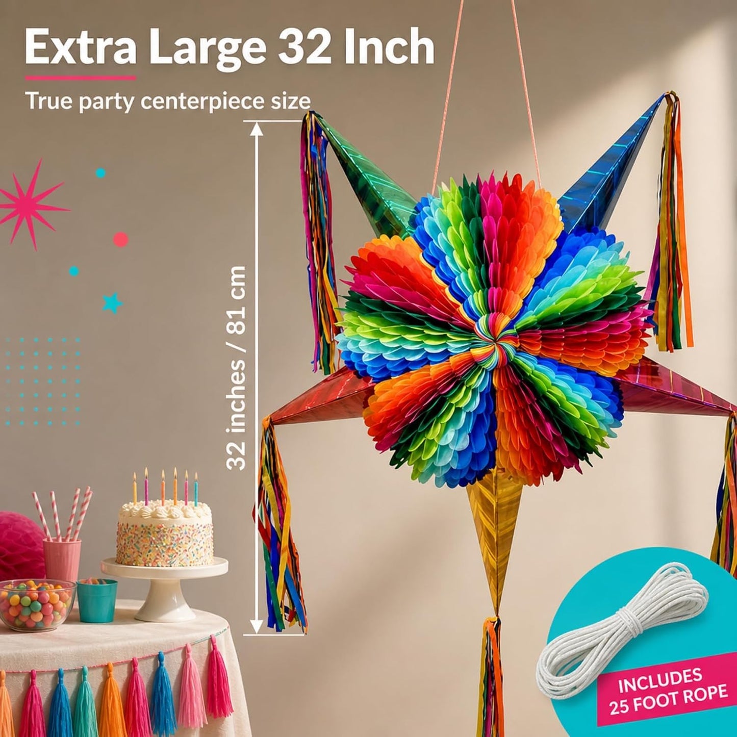Mexican Piñata – 32-Inch Dopamine Brights Large Pinata, Folded, 25-ft Rope