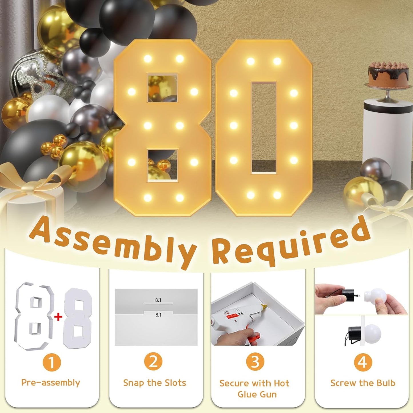 imprsv 4FT Light Up Numbers, Marquee Numbers 80th Birthday Decorations for Women Men, Large Light Up Numbers 80th Birthday Women Foam Board Anniversary Party Decorations Arch Kit (DIY)