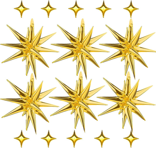 6 Pcs 22" & 10 Pcs 10" Star Foil Balloons - Gold, 12 Point & 4 Point Star Balloons for Party Supplies, Christmas, Birthday, Wedding