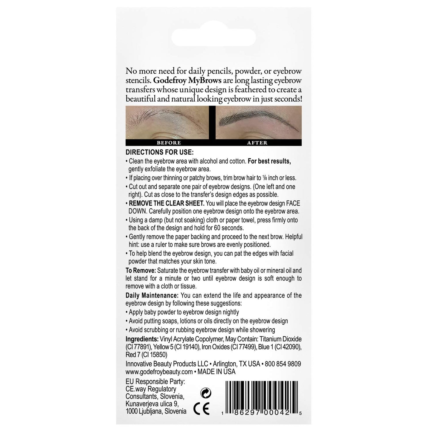 Godefroy MyBrows Long Lasting Eyebrow Transfers, Medium Arch, Light Brown, 48-Pairs of Brows (96 Individual transfers)
