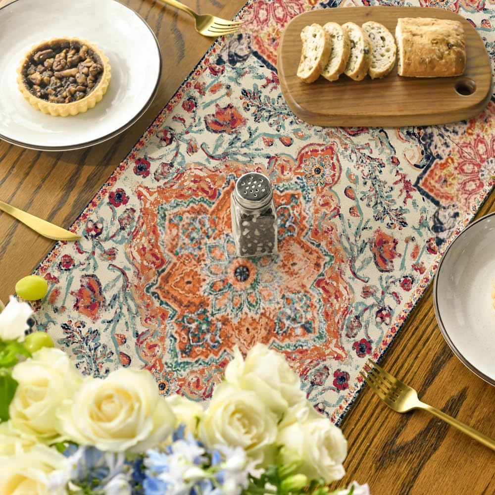 Artoid Mode Boho Bohemia Style Orange Table Runner, Country Rustic Farmhouse Magical Fall Kitchen Dining Table Decoration for Home Party Decor 13x120 Inch