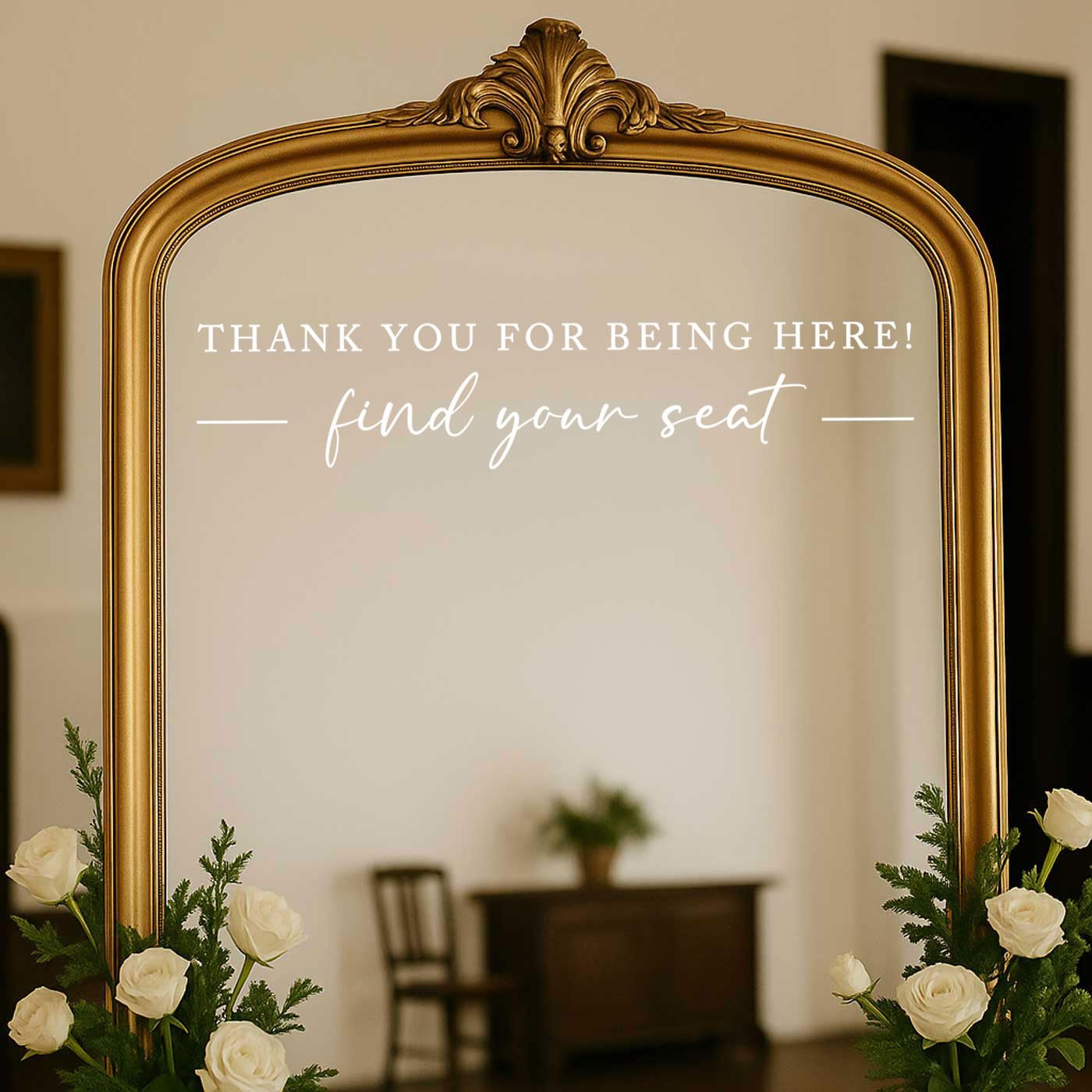 Seating Chart Sign, Wedding Mirror Decal, Thank You for Being Here Find Your Seat, Wedding Seating Chart Header Vinyl Decal, Your Seat Awaits Wedding Sign Decal, Mirror Sticker for Seating (White, Wide 17")