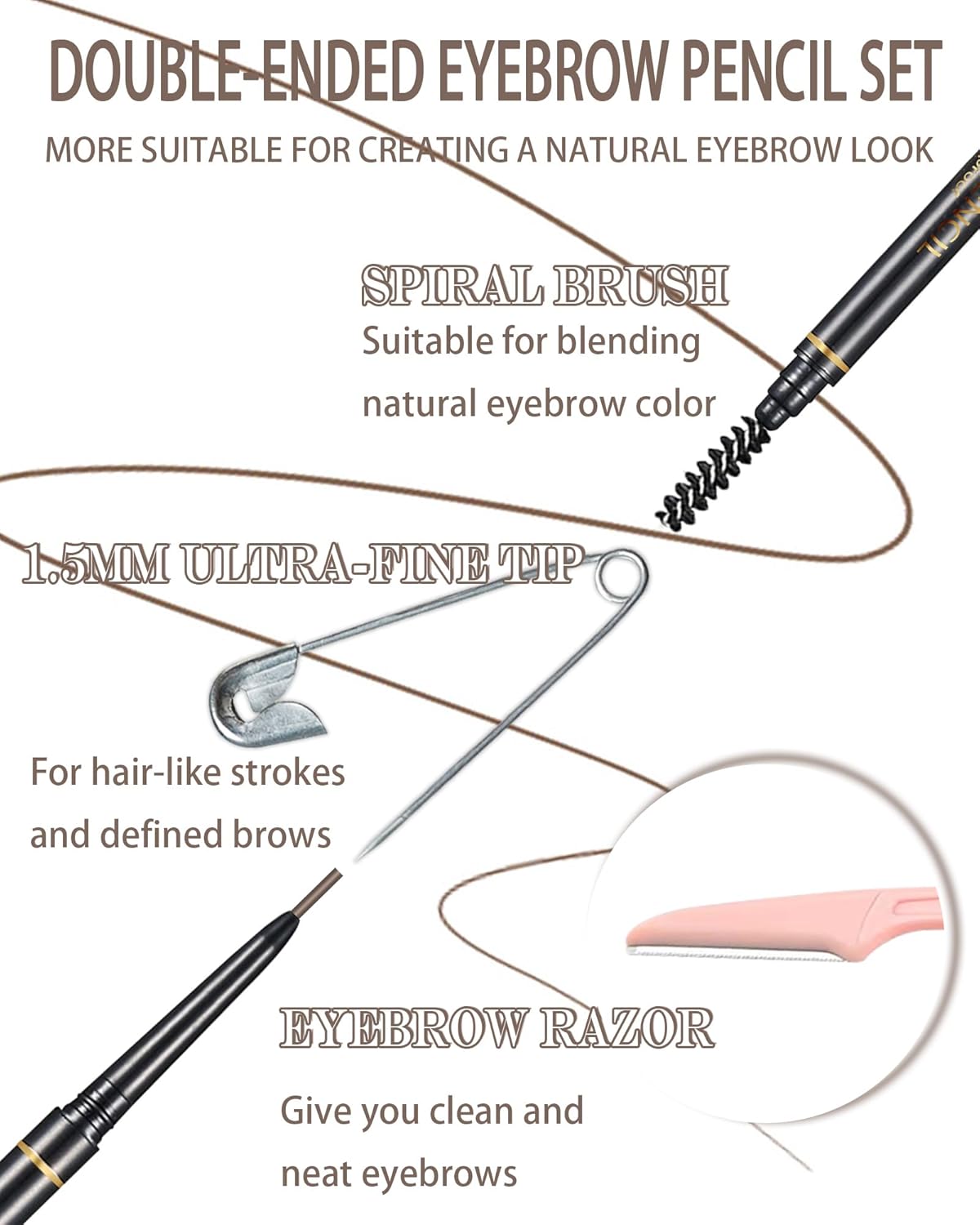 Dark Brown Eye Brow Pencils for Women, 6Pcs Waterproof Eyebrow Pencil, 1.5mm Micro-Fine Tip & Spiral Brush with Brow Razors Perfect for Creating a Natural and Delicate Eyebrow Look Makeup