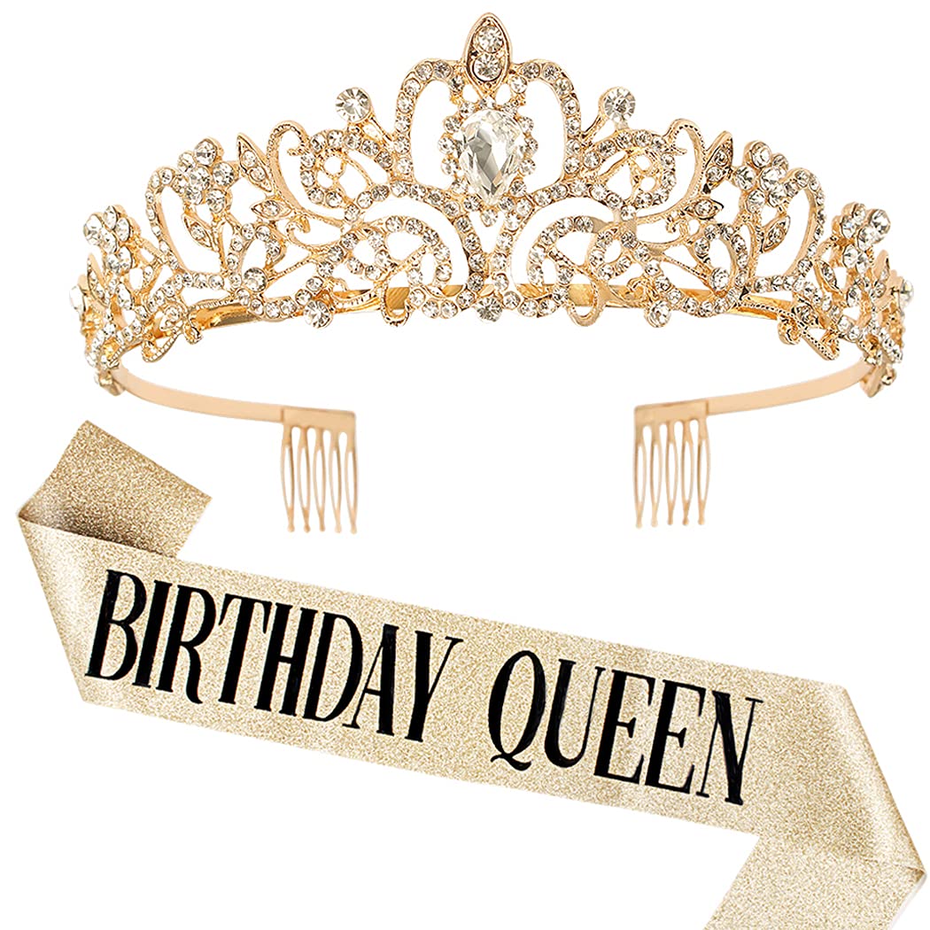 COCIDE Birthday Decorations for Women Sash and Tiara Crown for Party Gold