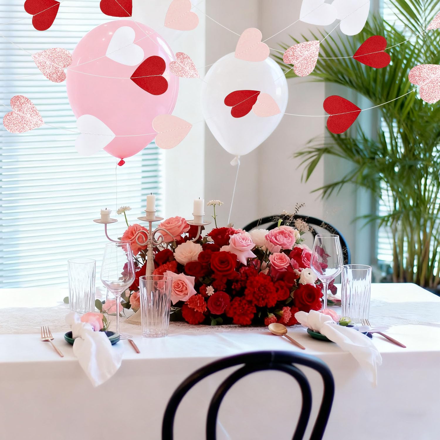 XIANMU 8 Strands Heart Garland Valentines Day Heart Paper Streamers Banner Rose-Gold Pink
