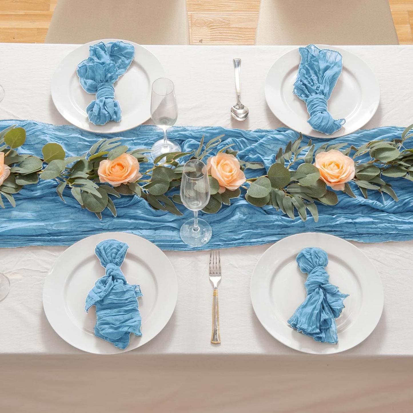 8 Pack 10Ft Table Runner 35x120 inch Baby Blue Boho Gauze Table Cheese Cloth Long Wrinkled Sheer Table Runner for Wedding Bridal Shower Birthday Party Table Decor