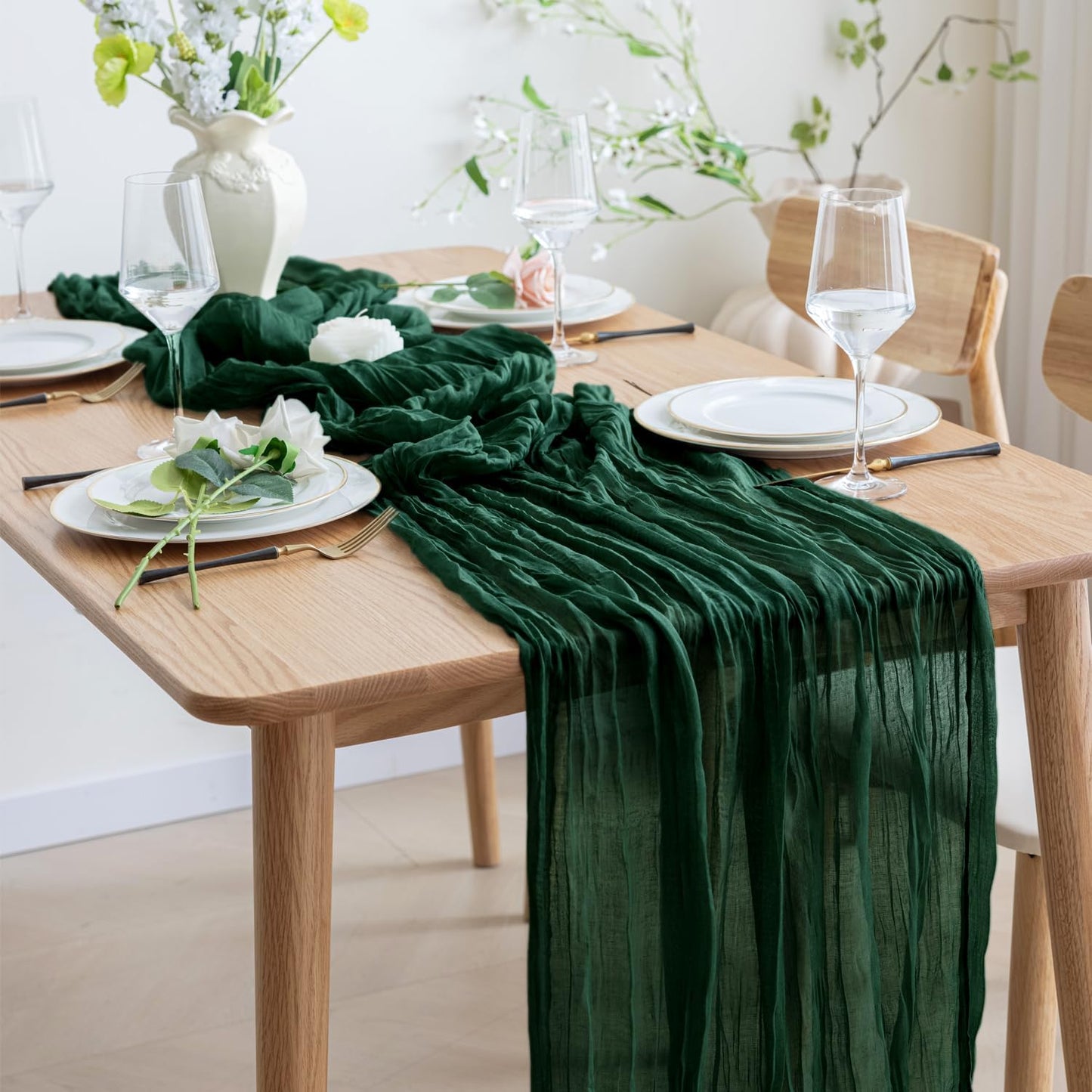 Asee'm 2PCS Table Runner Cheesecloth 10FT Emerald Green Boho Gauze Fabric Rustic Sheer Cheese Cloth Runners for Wedding Bridal Shower Party Spring Easter Decoration