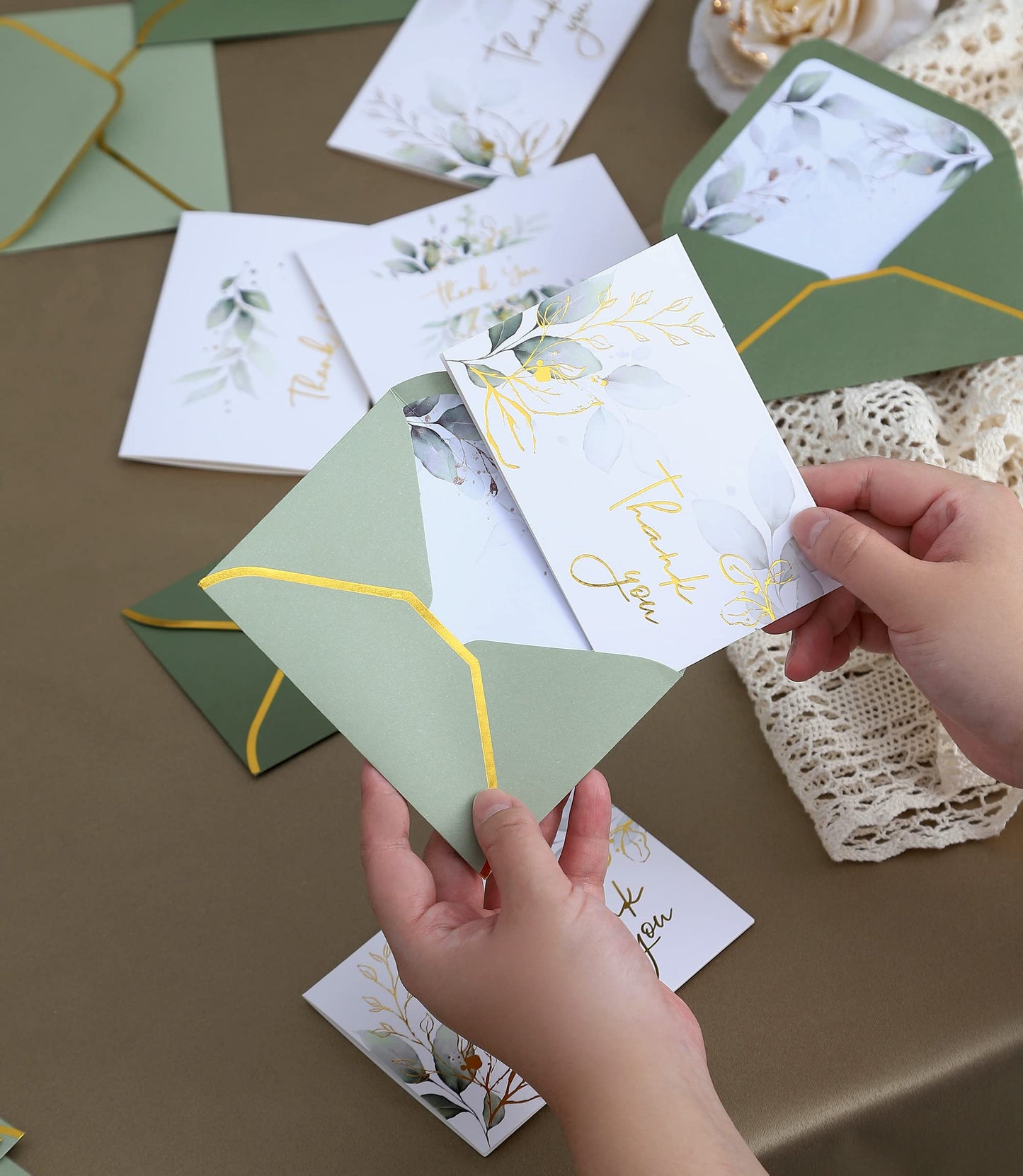 Winoo Design 100 PK Luxurious Gold Thank You Cards with Envelopes Bulk Sage Green - 5x3.5 Inches