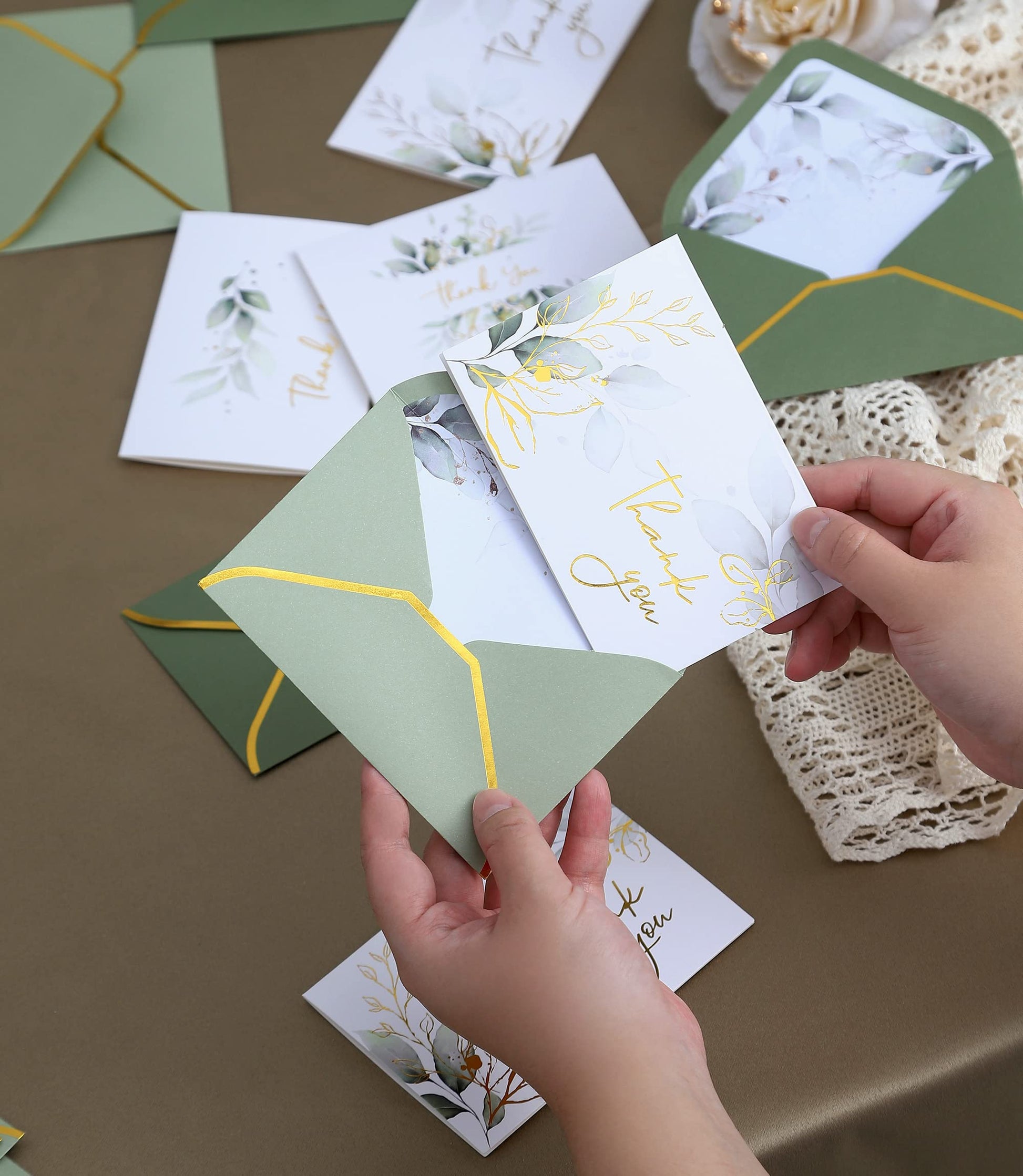 Winoo Design 100 PK Luxurious Gold Thank You Cards with Envelopes Bulk Sage Green - 5x3.5 Inches