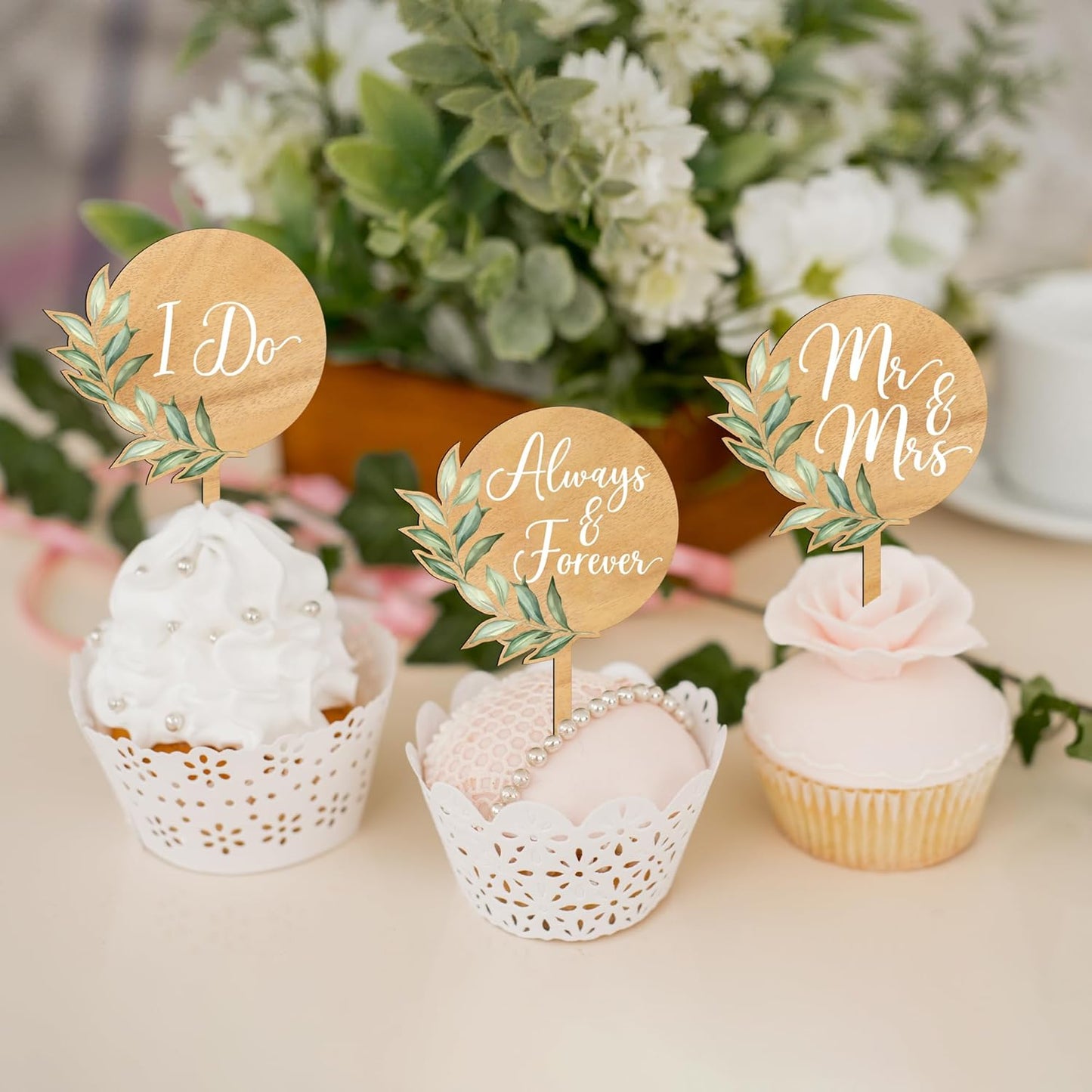 36 PCS Wedding Cupcake Toppers Green Mr & Mrs Wedding Cake Cupcake Decorations in Wood