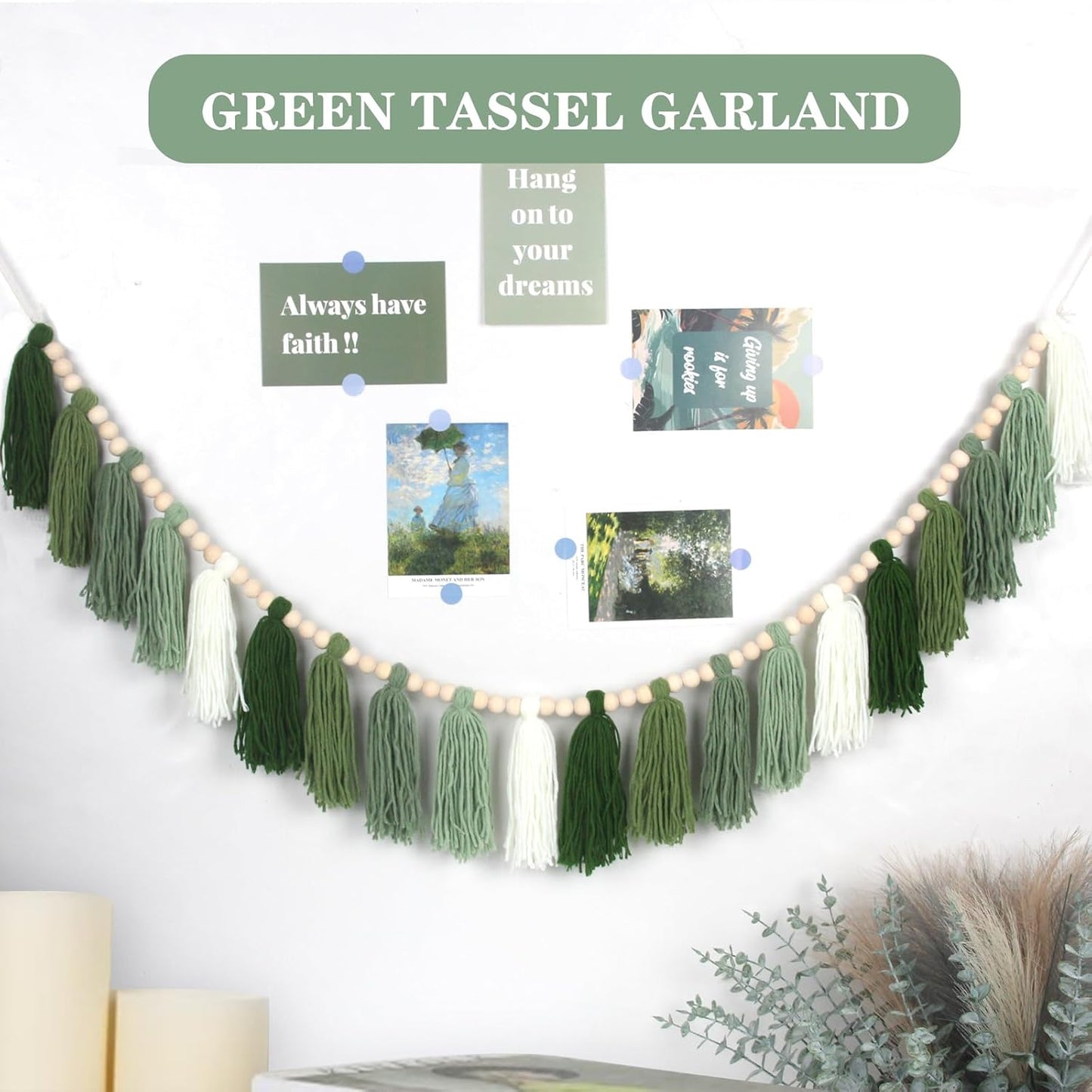 Green Boho Yarn Tassel Garland Sage Green Garland Wall Hanging Decor Forest Woodland Tassel Banner with Beads for Nursery Classroom Office Birthday Party Kids Room Baby Shower Decoration