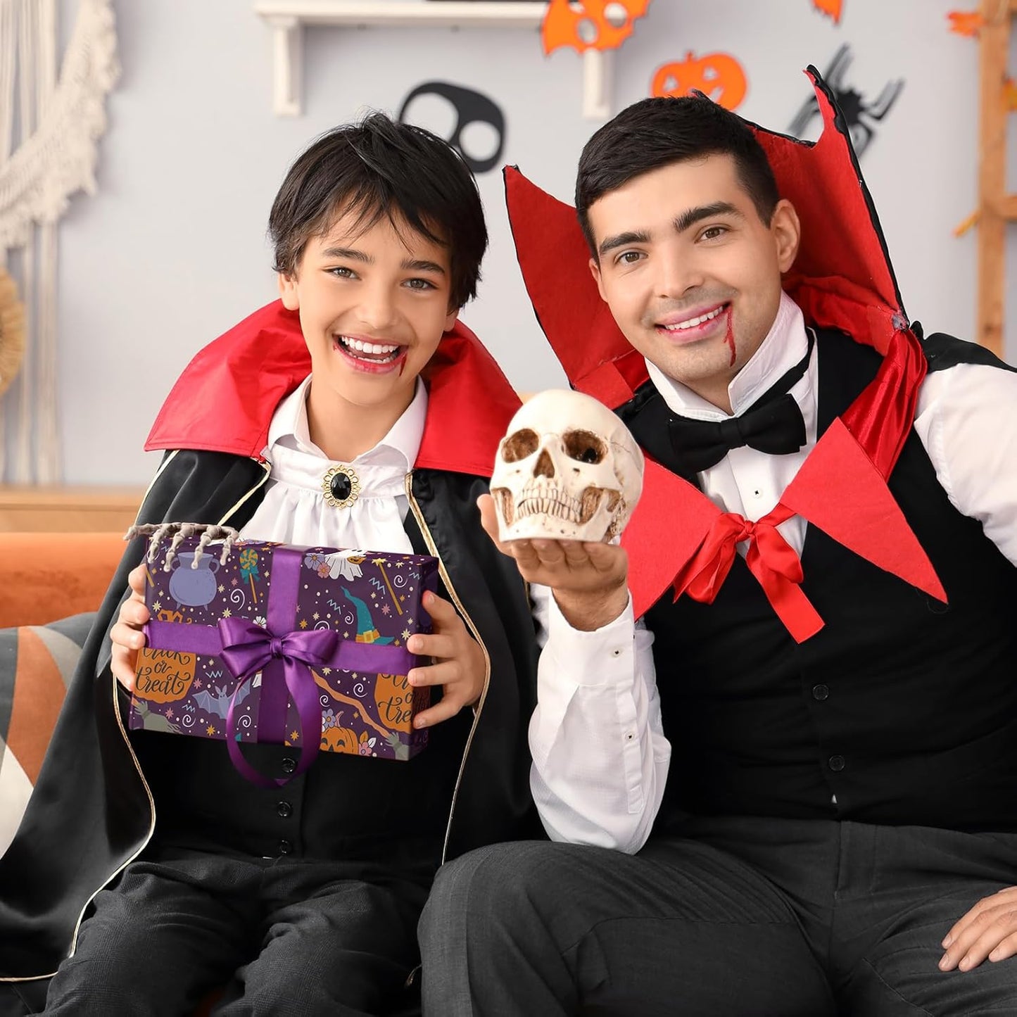 LeZakaa Purple Halloween Wrapping Paper Roll, Cute Trick-or-Treat Ghosts Pumpkins Witch Hats Gift Wrap for Kids Teens Adults, Halloween Decor, Party Favors, Mini Roll 17 in x 16.4 Ft