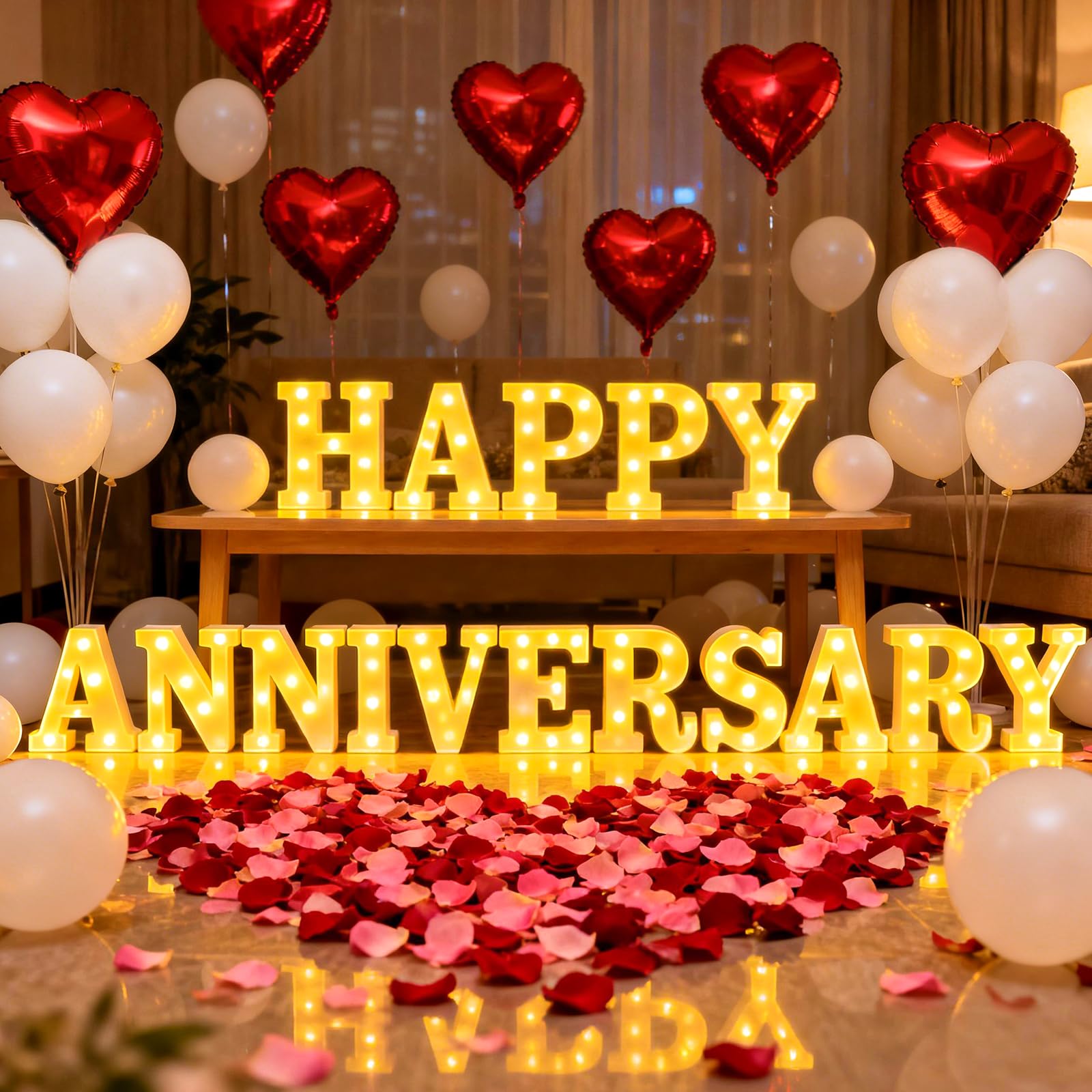 Peledic Happy Anniversary Decorations, Light up Letters Sign, with Rose Petals, Round Pearlescent