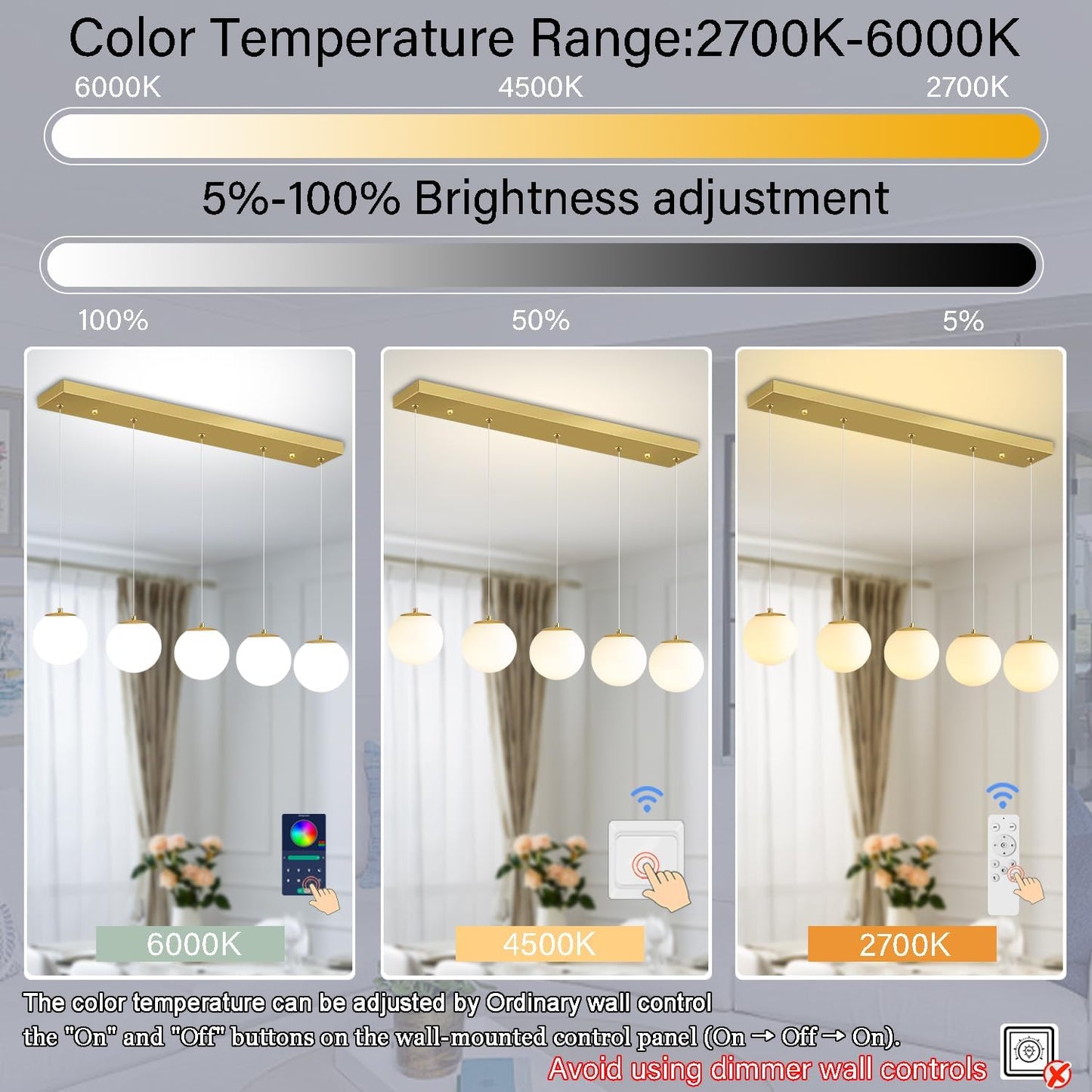 5-Lights Globe Pendant Light for Kitchen Island H 98" Gold Rectangle Chandelier Milk White Glass Pendant Lighting for Living Room Bedroom Entryway