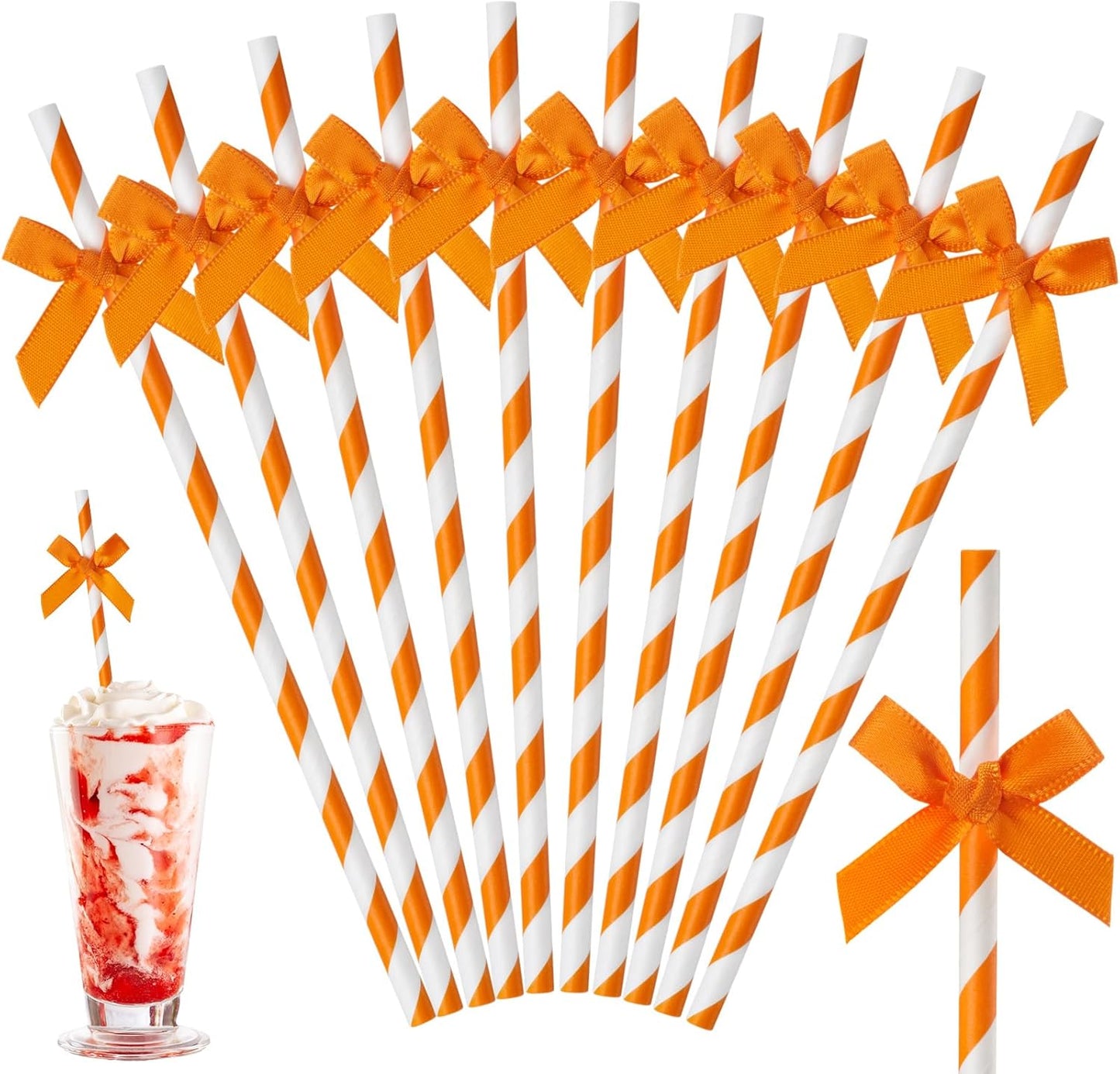 50 Pcs Fall Orange Paper Bow Straws for Drinking, Halloween Disposable Striped Paper Straws Bulk Autumn Theme Birthday Party Supplies for Wedding Cake Decorations Bachelorette Bridal Shower