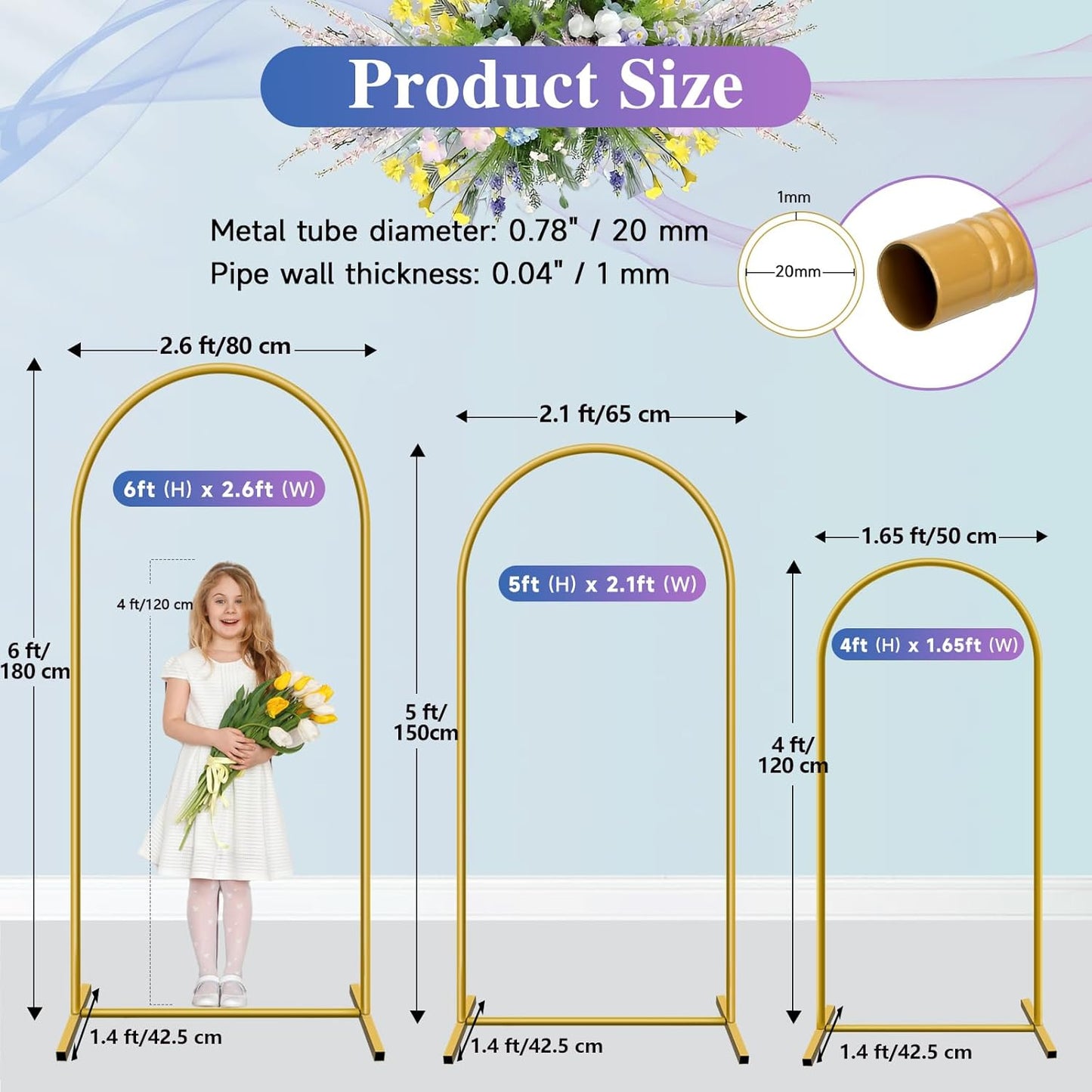 Hemmotop Metal Arch Backdrop Stand Set of 3, 6 ft/ 5 ft/ 4 ft Party Arch Stands for Wedding, Birthday, Baby Shower, Bridal Shower - Balloon Arched Frame for Garden Decor, Gold Floral Arches, 3 Pieces