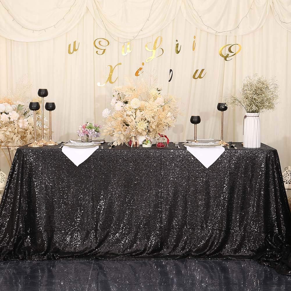 SquarePie Sequin Tablecloth 90 x 132 Inch Black Sparkly Table Linen for Halloween Wedding Party