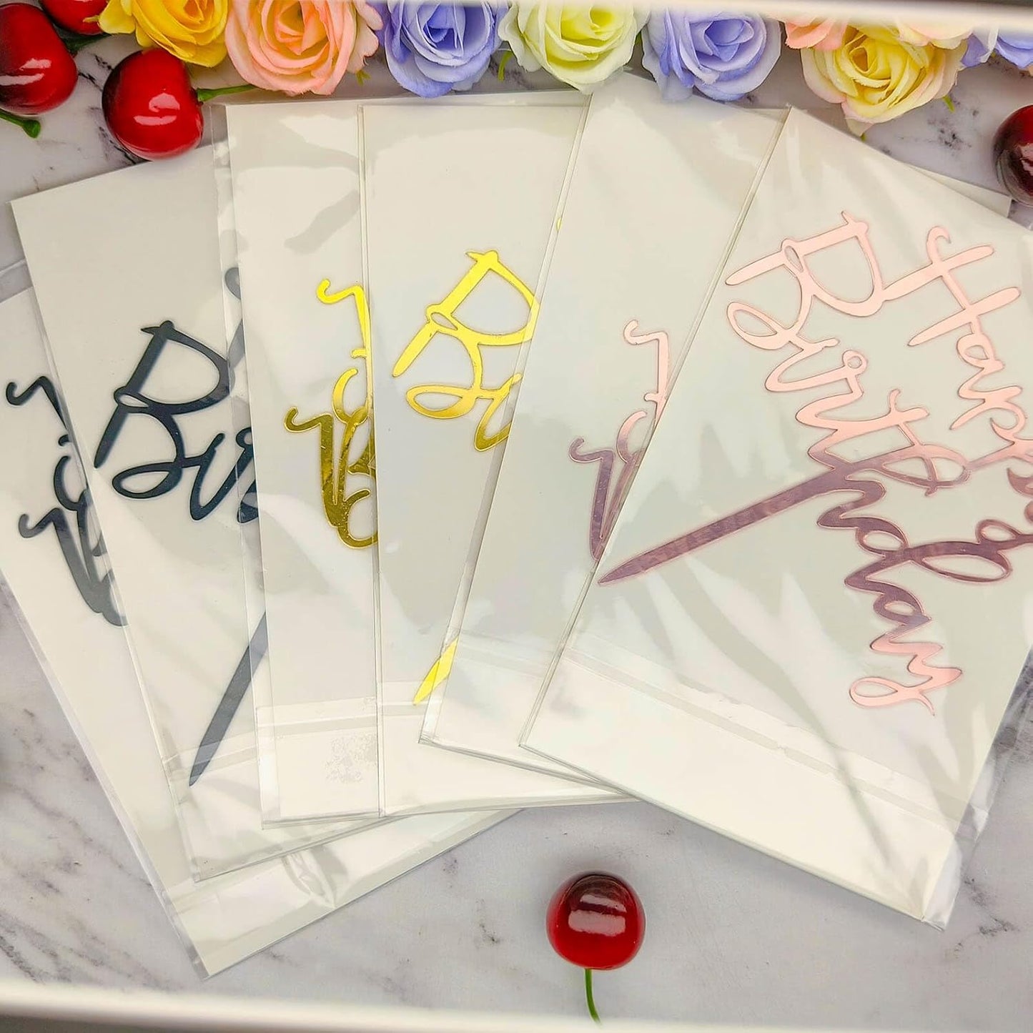 Happy Birthday Cake Toppers - 6 Pack (2 Styles, 3 Colors) Acrylic Cake Decorations for Women & Men Party Toppers for Cakes, Cupcakes