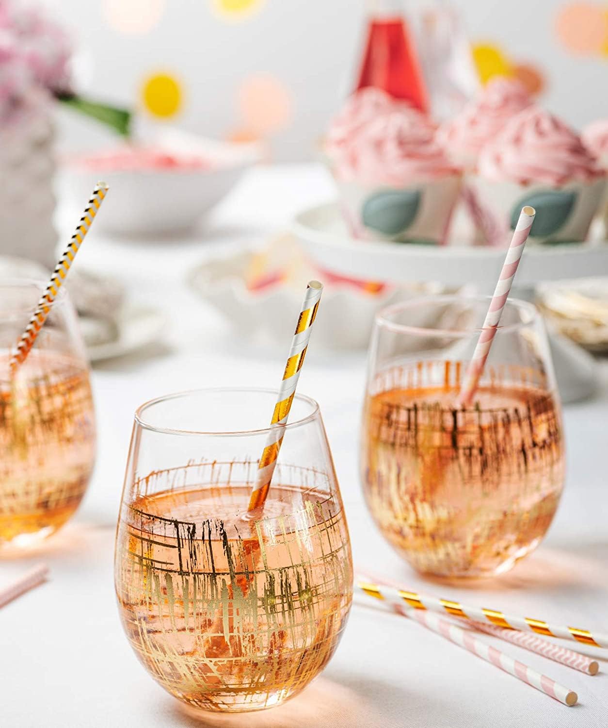 GUSTO [200 Pack] light Pink & Gold Paper Straws Disposable, 100% Biodegradable Multi-Pattern Party