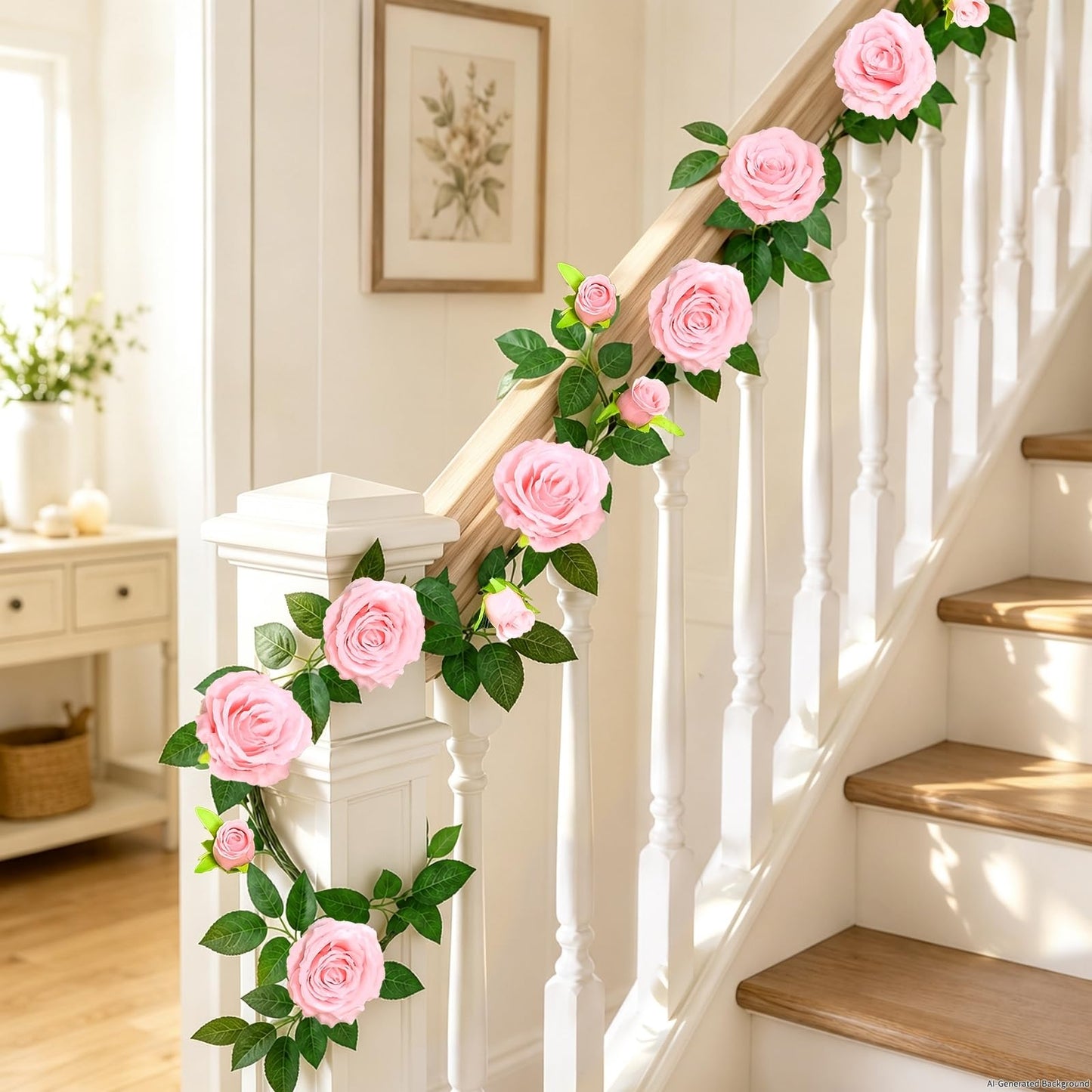 Flower Garland Fake Flowers, Rose Floral Garland, Pink with Lights, 2 Pcs