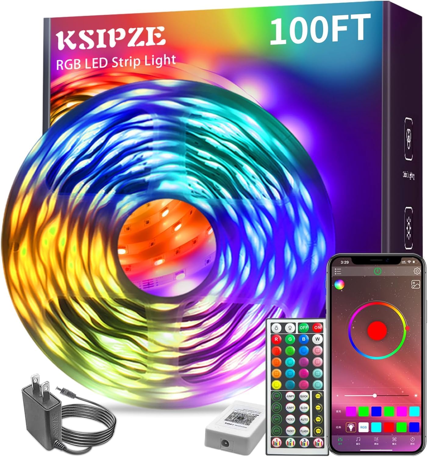 KSIPZE 100ft Led Strip Lights RGB Music Sync Color Changing Led Lights with Smart App Control